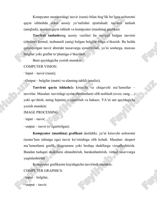 nlarni hisobga olgan xolda tasvirni kompyuterda hosil kilish kuydagi boskichlardan iborat: 1. tasvirni ifodalash (poligonal setka, splayn funksiyalar). 2. geometrik proeksiyalash (3d -> 2d). 3. rastr algoritmlari. 4. kurinmas chizik va sirtilarni olib tashlash. 5. buyash tekislikda va fazoda (rendering). 6. dinamika (geometrik alsmashtirishlar). 7. grafik dizayn asosiy tushunchalari. shaxsiy kompyuterlardan foydalanishda eng ko‘p tarqalgan yo‘nalishlardan biri-bu kompyuter grafikasidan foydalanishdir. bu yo‘nalishda faqatgina professional dizayner yoki rassomlar emas, balki oddiy foydalanuvchilar ham ishlashi mumkin. buning uchun maxsus kompyuter grafikasi programmalari bo‘lishi zarurdir. ma’lumki, har qanday korxona yoki firma o‘z faoliyatida gazeta yoki jurnalda reklama e’lonlar berishi, buklet chiqarish zaruriyati paydo bo‘ladi. yirik firma va kompaniyalar bunday ishlarni prfessionallar qo‘liga topshiradilar. chegaralangan iqtisodiy byudjetga ega bo‘lgan kichik korxonalar esa bu ishni asosan o‘z imkoniyatlariga ko‘ra bajaradilar. zamonaviy multimedia programmalari kompyuter grafikasisiz ishlay olmaydilar. ommaviy holda qo‘llaniladigan programmalar ishlab chiqarishning 90% vaqti shu programmalarni bezash uchun sarflanadi. kompyuter grafikasi programmalari 3 turga …