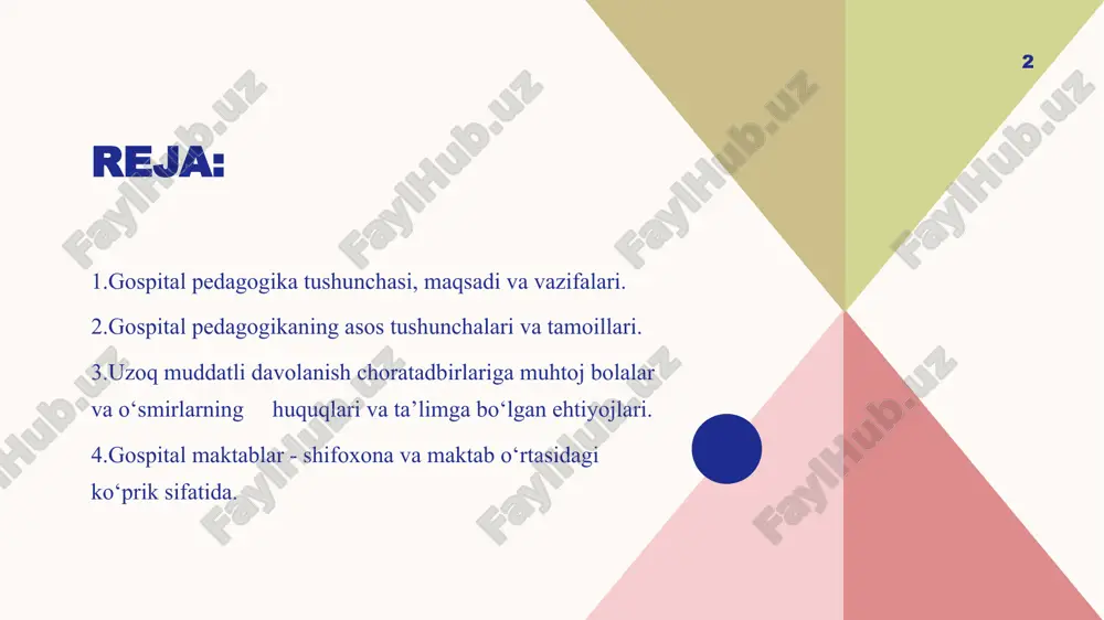 alari haqida gaplashish uchun, boshlang'ich ravishda "davolash" va "pedagogika" so'zlarining tushunchalariga e'tibor bering. 8 davolash: 9 bu so'z asosan "rivojlanish", "o'sish" yoki "rivojlangan holatga kelish" ma'nolari bilan bog'liqdir. davolash pedagogikasi esa, o'quvchi yoki o'rganuvchi tashkil etishda, ularni rivojlantirish va o'sishi bo'yicha maxsus amaliyotlar va texnologiyalarni o'rganuvchi pedagogik tizimni ifodalaydi davolash pedagogikasini o‘qitishdan maqsad - talabalarni keng qamrovli pedagogik jarayon doirasida bolaning ―o‘ziga xos organik rivojlanishi, turli yoshdagi alohida toifadagi o‘quvchilar bilan samarali ishlashga va umuman butun ta‘lim tizimining holatini yaxshilash, uning jamiyatni tiklashga ko‘maklashish qobiliyatini shakllantirishga o‘rgatish va olingan bilimlarni amaliyotga tatbiq etish ko‘nikmasini hosil qilishdan iborat 10 gospital pedagogika - bu har qanday jismoniy va aqliy nuqsonlari bo'lgan bolaning rivojlanishi, ta'limi va o'zini o'zi anglashiga yordam beradigan pedagogika. unda pedagogik vositalar dori vositalari vazifasini bajaradi. gospital pedagogika kasal bolalarni ijtimoiylashtirishga, shuningdek, kattalarni kasbiy reabilitatsiya qilishga yordam beradi. u tomonidan tavsiya etilgan usullar va shakllar inson kasalligining turi va darajasiga …