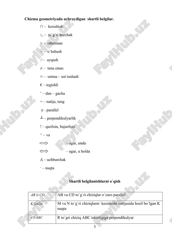 talarda kesib o`tadi.(1.1-shakl) 1.1-shakl p tekislik proeksiyalar tekisligi, s nuqta proeksiyalar markazi, sa, sb, sc, sf chiziqlar proeksiyalovchi nurlar; a, , s, f nuqtalar esa, proeksiyalar deyiladi. demak, nuqtaning proeksiyasi deganda, shu nuqtani proeksiyalovchi nur bilan proeksiyalar tekisligining kesishuv nuqtasini tushunish kerak. fazoning istalgan joyida olingan to`rtta nuqta, umuman, fazoviy shaklni ifodalaydi; shuning uchun tekis abcf shakl fazoviy shaklning markaziy proektsiuasidir.(1.2- shakl) markaziy proeksiyalarga misol qilib, narsalarning fotosuratlarini va chiroqdan tekislikka (polga yeki devorga) tushgan soyalarni ko`rsatish mumkin. 1. 2-shakl 2. parallel proeksiyalar. agar proeksiyalar markazi s berilgan yo`nalish bo`yicha cheksiz uzoqda deb faraz qilsak, fazodagi nuqtalarni proeksiyalovchi hamma nurlar o`zaro parallel bo`lib qoladi. bu yerda s yo`nalish proeksiyalash yo`nalishi, a, b, s, d nuqtalar esa, berilgan nuqtalarning parallel proeksiyalari deyiladi. demak, nuqtaning parallel proeksiyasi deganda, shu nuqta orqali berilgan yo`nalishga parallel qilib o`tkazilgan proeksiyalovchi nur bilan proeksiyalar tekisligining kesishuv nuqtasini tushunish kerak. parallel proeksiyalarga misol qilib, narsalarning quyoshdan uoki …