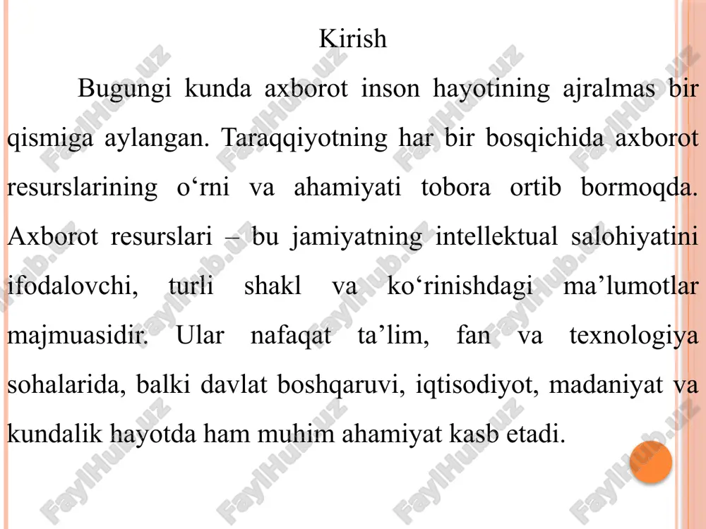 urslari asosiy manba hisoblanadi. davlat boshqaruvi va iqtisodiy rejalashtirishda ishonchli axborot resurslari muhim rol o‘ynaydi. zamonaviy axborot texnologiyalari va axborot xavfsizligi zamonaviy axborot texnologiyalari (zat) bugungi hayotning barcha sohalariga chuqur kirib bormoqda. ular yordamida axborot olish, saqlash, uzatish va tahlil qilish jarayonlari juda tez va qulay bo‘lib qoldi. zamonaviy axborot texnologiyalari hayotimizning barcha sohalariga kirib, ish va ta’lim jarayonlarini osonlashtiradi. internet orqali tezkor axborot almashinuvi va muloqot imkoniyati yaratilgan. kompyuterlar, smartfonlar, planshetlar kabi qurilmalar axborot texnologiyalarining asosiy vositalaridir. bulutli texnologiyalar ma’lumotlarni masofadan saqlash va ularga kirishni osonlashtiradi. axborot xavfsizligi — axborotni noqonuniy kirish, o‘g‘irlik va buzilishdan himoya qilish tizimidir. xulosa xulosa qilib aytganda, axborot resurslari bugungi zamonaviy jamiyatning har bir sohasida muhim rol o‘ynaydi. ular orqali insonlar bilim oladi, qarorlar qabul qiladi va jamiyat taraqqiyotiga hissa qo‘shadi. axborot resurslarining to‘g‘ri tashkil etilishi va ulardan oqilona foydalanish nafaqat shaxsiy, balki milliy darajadagi yutuqlarga olib keladi. shu sababli, har bir inson axborot …