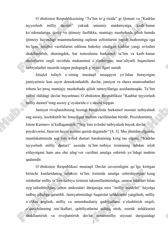 tadbiq qilishga qaratildi. jamiyatimizdagi fuqarolar tafakkurini yangilash, milliy o`zlikni anglash, milliy va umumbashariy qadriyatlarni o`zlashtirish orqali, o`quvchilarning iste’dodlari, qobiliyatlarini tadqiq etish, estetik tafakkurini shakllantirish va rivojlantirish davlat umummilliy siyosati darajasidagi masalalardan biri sifatida belgilab berilishi yosh avlodni har tomonlama kamol toptirish uchun ta’lim–tarbiyaning barcha sohalarida, ularning omillari va vositalarini ishga solishni taqozo etmoqda. o`zbekiston respublikasi prezidenti islom karimov shaxsning ma’naviy sifatlariga, ularni tarbiyalash ijtimoiy va insonparvarlik ahamiyatiga alohida e’tibor berib: “biron–bir jamiyat ma’naviy imkoniyatlarini, odamlar ongida ma’naviy va axloqiy qadriyatlarni rivojlantirmay hamda mustahkamlamay turib o`z istiqbolini tasavvur eta olmaydi” – deb alohida ta’kidlaydi. hozirgi zamon chizmalarini chizmachilik qoidalarini bilgan va chizmalarni bajarishda qabul qilgan shrtliklardan xabardor bo`lgan kishilargina to`la tushinishlari mumkin. jaxonda ishlab chiqariladigan barcha sanoat mahsulotlari, shuningdek o`zbekiston poytaxtida yani toshkentdagi aviyasozlik zavodida ishlab chiqarilayotgan il-86 rusumli samaliyotlar, toshkent traktor zavodidan chiqayotgan paxta terish mashinalari, asakadagi avtomabil zavodidan chiqarilayotgan 10 ga aqin, ya`ni “damas”, “nexsiya”, “matiz”, va boshqa rusumli …