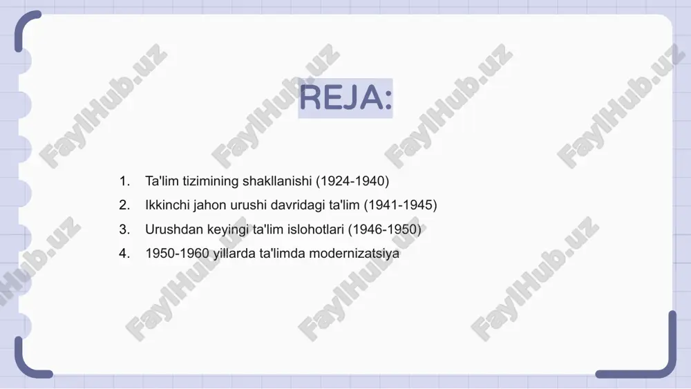 erishga qaratilgan kasb-hunar maktablari tashkil etildi. yangi mashg‘ulot usullari qo‘llanilib, o‘quv jarayoni samaradorlashtirildi. pedagoglarni tayyorlash sifati oshirildi, oliy o‘quv yurtlarida ilmiy salohiyatga ega mutaxassislar yetishtirildi. ta’limda ilm-fan asoslari mustahkamlandi. 1960-1970 yillarda maktablar va oliy o'quv yurtlari rivoji 1960-1970 yillarda o'zbekistonda ta'lim tizimi jadal rivojlandi. maktablar soni oshdi, yangi ta'lim binolari qurildi, jihozlar yangilandi. oliy o‘quv yurtlari kengaydi, talabalarning soni sezilarli ortdi. ilmiy salohiyat yuksaldi, professor-o‘qituvchilarning malakasi oshishiga katta e'tibor qaratildi. qishloq va shaharlararo ta'lim imkoniyatlari tenglashtirildi. boshlang‘ich va o‘rta ta'lim majburiy bo‘ldi, kasb-hunar bilim yurti faoliyati kengaytirildi. 1970-1980 yillarda ta'limdagi innovatsiyalar 1970-1980 yillarda o'zbekistonda ta'limning barcha bosqichlari rivojlanib, yangi o'quv dasturlari va metodik qo'llanmalar joriy etila boshlandi. bu davrda kasb-hunar ta'limi kengaytirilib, sanoat va qishloq xo'jaligi sohalariga mo'ljallangan yangi o'quv muassasalari tashkil qilindi. yangi texnika va texnologiyalar asosida dars berish usullari ishlab chiqildi hamda zamonaviy laboratoriyalar bilan jihozlangan bilim markazlari yaratildi. 1 2 3 sovet mafkurasi va ta'lim tizimi (1980-1990) …