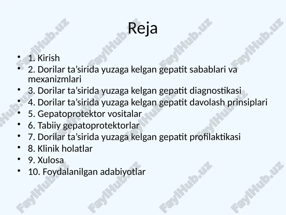 gepatoprotektorlar dorilar ta’sirida yuzaga kelgan gepatit davosida muhim. individual yondashuv zarur. foydalanilgan adabiyotlar 1. frontiers pharmacology 2021 2. sciencedirect 2023 3. cmjournal 2021 4. mdpi 2024 5. pharmatutor 6. researchgate 7. ijrar 8. rjpn