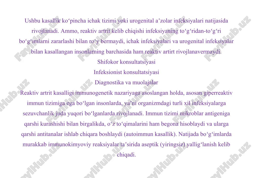 elgilari reaktiv artritga xos boʻlgan klassik triada belgilariga – konyuktivit, uretrit va artritning simptomlari kiradi. reaktiv artrit belgilari odatda birlamchi infeksion kasallik oʻtkazilgandan soʻng 2-4 hafta ichida namoyon boʻladi. avvaliga uretrit belgilari yuzaga chiqadi, peshob ajralishining koʻpayishi, peshob ajratish vaqtida ogʻriq va achishish hissini sezish. soʻngra konyuktivit belgilari – koʻz yoshlanishi, qizarishi va koʻzda yot jism tushgani kabi ogʻriq hissi. kasallikning tipik kechuvida uretrit va konyuktivit belgilari yaqqol namoyon boʻlmaydi. klassik triada belgilaridan eng kech rivojlanadigani artrit simptomlaridir. bunda artralgiya, boʻgʻ​imlarda shish, mahalliy giperemiya va boʻgʻimlar qizarishi kuzatiladi. artrit simptomlari yuzaga chiqishi oʻtkir kechadi, yaʼni tana harorati subfebril koʻrsatkichlarda, bemorning umumiy ahvoli ogʻir, 1-2 boʻgʻimlarning zararlanishi (falangalararo, toʻpiq, tizza boʻgʻimlari) belgilari namoyon boʻladi, kam hollarda zararlanish qoʻl boʻgʻimlarini qamrab oladi. kuchli shish va ogʻriq hisobiga boʻgʻimlar funksiyasi buziladi, kam hollarda vertebralgiya ham kuzatiladi. ushbu maqolani ham o‘qing: varikoz kasalligining sabab va alomatlari qanday? reaktiv artrit belgilari 3-12 oy davomida saqlanib …