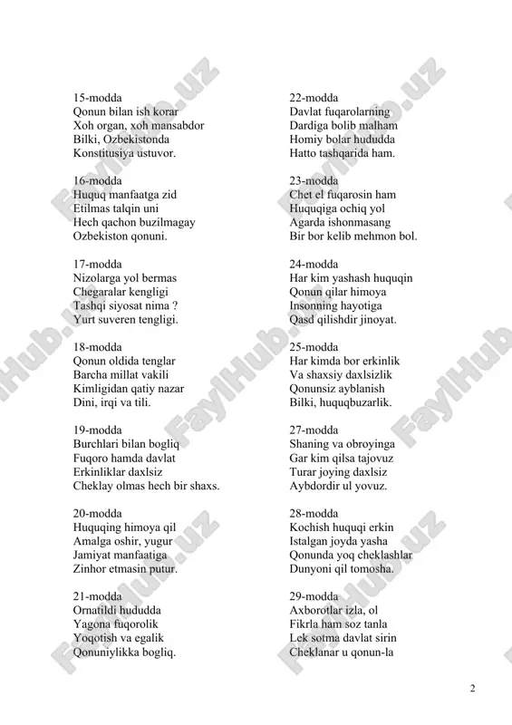 nuniylikka bog�liq. 22-modda davlat fuqarolarning dardiga bo�lib malham homiy bo�lar hududda hatto tashqarida ham. 23-modda chet el fuqarosin ham huquqiga ochiq yo�l agarda ishonmasang bir bor kelib mehmon bo�l. 24-modda har kim yashash huquqin qonun qilar himoya insonning hayotiga qasd qilishdir jinoyat. 25-modda har kimda bor erkinlik va shaxsiy daxlsizlik qonunsiz ayblanish bilki, huquqbuzarlik. 27-modda sha�ning va obro�yinga gar kim qilsa tajovuz turar joying daxlsiz aybdordir ul yovuz. 28-modda ko�chish huquqi erkin istalgan joyda yasha qonunda yo�q cheklashlar dunyoni qil tomosha. 29-modda axborotlar izla, ol fikrla ham so�z tanla lek sotma davlat sirin cheklanar u qonun-la 30-modda davlatning organlari va yoki u mansabdor hujjat-la tanishtirsin manfaatga daxldor 31-modda din orqali bilinar e�tiqoding chinligi qonun kafolatida vijdoning erkinligi. 32-modda davlatni boshqarishda millat fuqarolari ishtirok etish mumkin vakillari orqali. 33-modda ijtimoiy faollik kimda bo�lsa namoyon oshkor etish mumkindir qonunlarga binoan. 34-modda millat fuqarolari qadri baland albatta ishtirok etsa bo�lar ommaviy harakatda. 35-modda …
