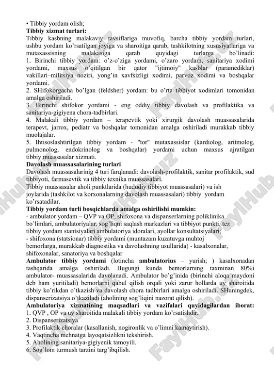 haroitlariga rioya qilish) • sog’liqni saqlash tamoyili, sog’lom turmush tarzini singdirish; • aholini tibbiy ko’rikdan o’tkazish; • tibbiyot muassasalari ishida uchastka tamoyilining saqlanib qolinishi; • umumiy amaliyot shifokorlarining profilaktik faoliyat xizmatini amalga oshirish; profilaktika uch xil bo’lishi mumkin: birlamchi, ikkilamchi va uchlamchi. birlamchi profilaktika - bu inson salomatlik holatining va kasallikning yomonlashuvini oldini olish, shuningdek kasallilarning erta va yashirin shakllarini aniqlashga qaratilgan tibbiy va tibbiy bo’lmagan choralar majmui. ikkilamchi profilaktika - yuzaga kelgan kasalliklarning avj olishini oldini olishga qaratilgan tibbiy choralar to’plamidir. uchlamchi profilaktika kasalliklarning rivojlanishi va ularning asoratlari kelib chiqishini oldini olishga qaratilgan. ikkinchi tamoyil - sog’liqni saqlashsohasida inson va fuqorolar huquqlarini himoya qilish. bir necha yo’nalishda amalga oshiriladi: • tibbiy va ijtimoiy yordam olishda fuqorolarning huquqlari; • tibbiy va farmatsevtika xodimlarining majburiyatlari va huquqlari; • salomatlikka zarar etkazish uchun javobgarlik; • tibbiy yordam olish; tibbiy xizmat turlari: tibbiy kasbning malakaviy tavsiflariga muvofiq, barcha tibbiy yordam turlari, ushbu yordam …