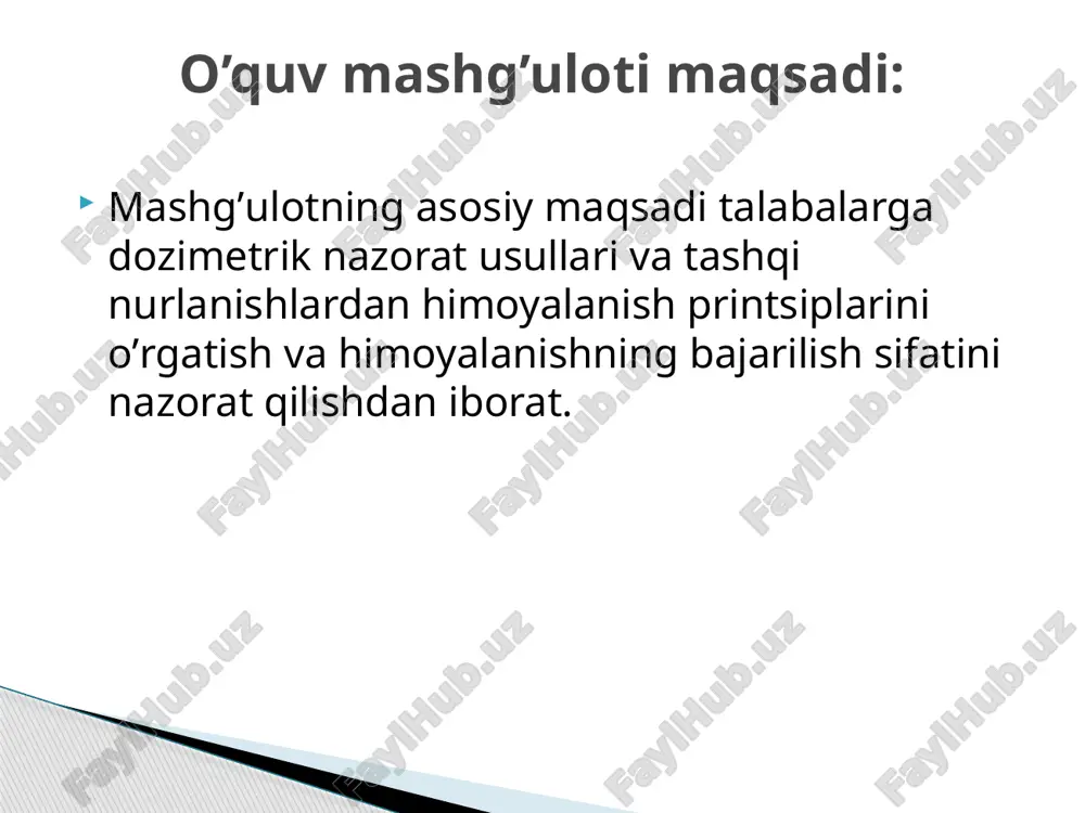 gi ta’lim beruvchining faoliyati ta’lim oluvchining faoliyati 1 bosqich mashg’ulotning kirish qismi 25 daqiqa 1.1.o’qituvchining kirish so’zida mavzuning nomi, maqsadi va kutilayotgan o’quv natijalari bilan tanishtiradi. 1.2. amaliy mashg’ulotni o’tqazish xususiyati, baholash mezonlarini e’lon qiladi. 1.3. kasalxona rentgenologik va radiologik bo’limlarida dozimetrik va radiometrik nazorat xaqida tushincha beriladi. dozimetrik nazorat turlari bilan tanishtiradi xamda o’lchash asboblari haqida amaliy mashg’ulotni muhokama qiladi, talabalarni boshlang’ich bilimlarini yangi pedagogik texnologiyalar yordamida baholaydi. ("konkurs" va “qopda mashuk"). 1.4. muhokamani yakunlaydi. tinglaydilar, yozib oladilar, aniqlik kiritadilar, savollar beradilar, savollarga javob beradilar. 2 bosqich asosiy qismi 50 daqiqa 2.1. talabalarga umumiy va shaxsiy dozimetriya xaqida -radioaktiv moddalarning (rm) nurlanish dozalarini o’lchov birliklarini - o’lchash asboblar bilan ishlashnio’rgatadi. 2.2.radioaktiv moddalarning (rm) nurlanish dozalarini o’lchov birliklari 2.3. talabalarni mustaqil amaliy ko’nikmalarni o’zlashtrishini qadamma-qadam harakat algoritmi bo’yicha nazorat qiladi. tinglaydilar, yozib oladilar,guruhlarda muhokama olib boradilar,vaziyatli masalalarni yechimini topishda qatnashadilar, to’ldiradilar,tahlil qiladilar, xulosa qiladilar, javob beradilar. 3 bosqich yakunlovchi-xulosa qismi …