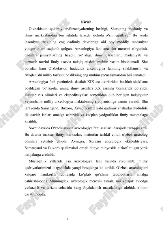 sh, uni kelajak avlodga yetkazish va turizm sohasida keng foydalanish masalalariga alohida e’tibor qaratilmoqda. 1. o‘zbekistonda arxeologiya fanining shakllanishi va dastlabki tadqiqotlar o‘zbekiston hududi qadimiy sivilizatsiyalar beshigi sifatida dunyo tarixida alohida o‘rin egallaydi. bu yurt qadimdan turli xalqlar, davlatlar, madaniyatlar chorrahasi bo‘lib kelgan. aynan shuning uchun ham o‘zbekiston hududi boy arxeologik merosga ega. qadimiy shaharlar xarobalari, qo‘rg‘onlar, sug‘orish inshootlari, ibodatxonalar, qabristonlar va san’at yodgorliklari bu yerda insoniyat tarixining turli bosqichlarini yoritib turadi. ushbu merosni ilmiy asosda o‘rganish zarurati xix asr oxiri – xx asr boshlarida sezila boshladi. arxeologiya fanining dastlabki shakllanish jarayoni o‘zbekistonda rossiya imperiyasi davri bilan chambarchas bog‘liq. chunki 1860–1870-yillarda turkiston general-gubernatorligi tashkil etilishi natijasida markaziy osiyoga ko‘plab rus sayyohlari, olimlari va harbiylari kelib, o‘z kuzatuvlarini boshladilar. ularning bir qismi tarixiy yodgorliklarga qiziqib, tosh yozuvlarni, qadimiy xarobalarni, topilmalarni yig‘ish bilan shug‘ullandi. xix asrning ikkinchi yarmida mashhur sharqshunos va tarixchi v.v. bartold (1869–1930) turkiston hududiga bir necha bor safar qilib, …