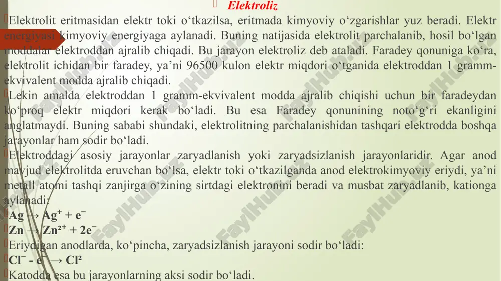 qolmaydi. elektrolizda hamma vaqt ana shunday bo‘ladi. bu hodisaning sabablarini tekshirib ko‘raylik. om qonuniga muvofiq: bu yerda elektr kuchlanishi () elektr yurituvchi kuch () ning kamayishi yoki ichki () va tashqi () qarshiliklarning ko‘payishi yoxud ikkala holatning bir vaqtning o‘zida sodir bo‘lishi natijasida kamayishi mumkin. elektroliz vaqtida tashqi qarshilik o‘zgarmaydi. agar elektroliz natijasida elektrni yomon o‘tkazadigan moddalar hosil bo‘lsa, ichki qarshilik oshishi mumkin. lekin elektroliz vaqtida zanjirda elektr tokining yo‘q bo‘lib qolish sababi faqat ichki qarshilikning oshishidandir deb bo‘lmaydi. bundan tashqari, elektrni yomon o‘tkazuvchi moddalar hosil bo‘lmaganda ham elektroliz vaqtida elektr tokining yo‘qolganligini ko‘rish mumkin. shunday qilib, elektroliz vaqtida elektr toki kuchining kamayishiga qarshilikning oshishi asosiy sabab emas. shunday ekan, elektr tokining yo‘qolishining asosiy sababi ning kamayishidir. buning haqiqatligini quyidagi tajribada ko‘rish mumkin. 1-rasmda ko‘rsatilgandek qilib zanjir tuzaylik. 1-rasm qutblanish tokini bilish sxemasi bu rasmda b — tashqi elektr manbai, a — elektrolitli vanna, o — galvanometr, f, j, e— …
