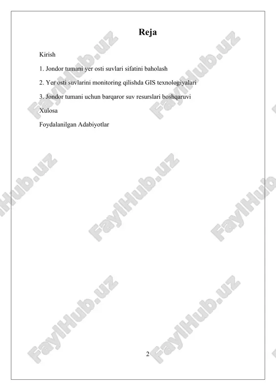 'oqchilik yoki to'fonlar kabi hodisalarga ta'sir qiladi. agrosanoat sohasida esa, ishonchli yer osti suvi ma'lumotlari samarali sug'orish amaliyotlarini qo'llab-quvvatlaydi, bu esa cheklangan yog'ingarchilikka ega hududlarda juda muhimdir. jondor tumani bo'yicha olib borilgan zamonaviy tadqiqotlar, an'anaviy va zamonaviy texnikalarni birlashtirgan keng qamrovli yer osti suvlarini monitoring tarmog'ini ishlab chiqishga qaratilgan. o'zbekistondagi yetakchi muassasalar va tadqiqotchilar yer osti suvlarining darajalari va sifat parametrlarining asosiy ma'lumotlarini o'rnatish ustida ishlamoqdalar. zamonaviy texnologiyalar, masalan, sun'iy yo'ldosh tasvirlari va avtomatlashtirilgan sensorlar monitoring amaliyotlariga tobora ko'proq qo'shilmoqda. hozirgi muhokamalar, shuningdek, mahalliy aholi o'rtasida barqaror suv amaliyotlari haqida xabardorlik va ta'lim berish zaruratiga qaratilgan. biroq, mavjud bo'lgan muammolar va bo'shliqlar ham mavjud. tarixiy ma'lumotlarning cheklanganligi, uzoq muddatli yer osti suvlarining darajalarini tushunishni qiyinlashtiradi. qishloq xo'jaligi oqimlarining va sanoat chiqindilarining ifloslanishi yer osti suvlarining sifatini tahdid ostiga qo'yadi. monitoring infratuzilmasining yetishmasligi va moliyalashtirishning yetishmasligi ma'lumotlarni yig'ish va tahlil qilishda samarali ishlashni to'sqinlik qiladi. shuningdek, mahalliy aholi orasida yer osti …