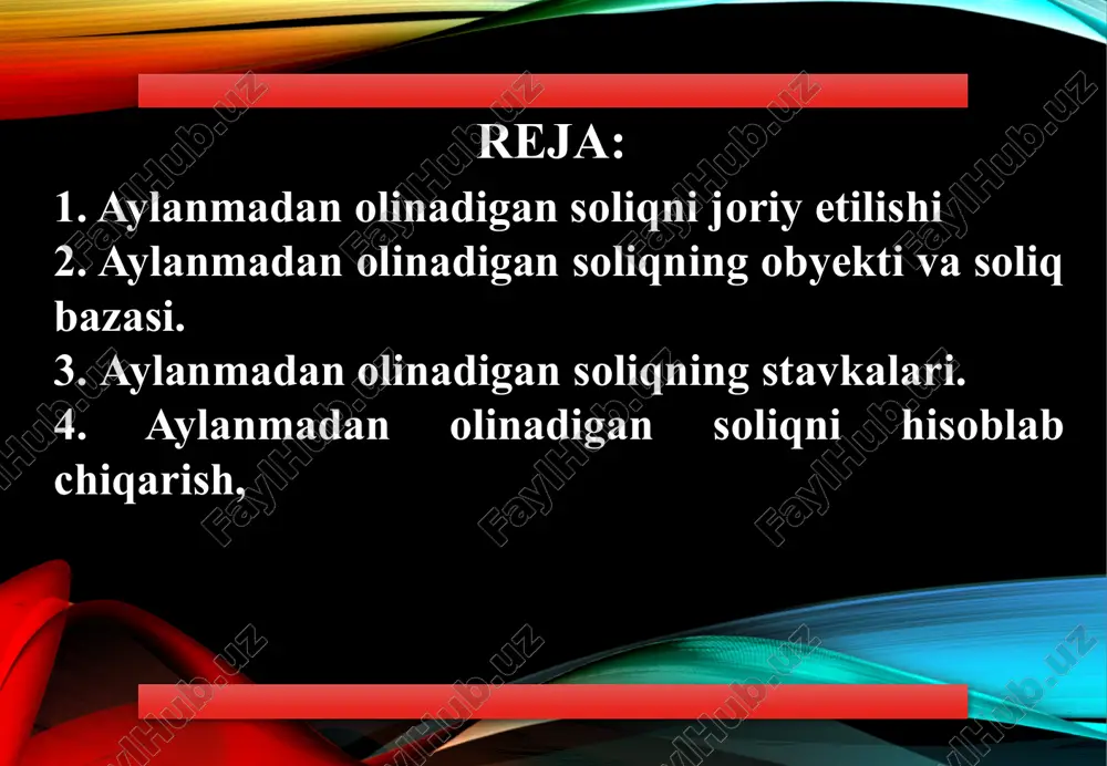 gona soliq to‘lovi joriy qilindi. 5 2020-yil 1-yanvardan yangi tahrirdagi soliq kodeksining kuchga kirishi bilan yagona soliq to’lovi o’rniga aylanmadan olinadigan soliq joriy etildi. aylanmadan olinadigan soliq iqtisodiy mohiyatiga ko’ra bevosita soliq bo’lib, amaldagi soliq kodeksining 461-470 moddalariga muvofiq undiriladi. soliq kodeksining 461-moddasiga muvofiq, aylanmadan olinadigan soliqni to’lovchilar deb quyidagilar e’tirof etiladi: soliq davrida tovarlarni (xizmatlarni) realizatsiya qilishdan olingan jami daromadi bir milliard so’mdan oshmagan o’zbekiston respublikasi yuridik shaxslari; soliq davrida tovarlarni (xizmatlarni) realizatsiya qilishdan olingan daromadi yuz million so’mdan oshgan, lekin bir milliard so’mgacha bo’lgan yakka tartibdagi tadbirkorlar. 1. 2. 6 aylanmadan olinadigan soliq quyidagilarga nisbatan tatbiq etilmaydi: 7 1. o’zbekiston respublikasining bojxona chegarasi orqali tovarlarni olib kirishni (importni) amalga oshiruvchi yuridik shaxslar va yakka tartibdagi tadbirkorlarga; 2. aksiz solig’i to’lanadigan tovarlarni (xizmatlarni) ishlab chiqaruvchi va foydali qazilmalarni kavlab olishni amalga oshiruvchi yuridik shaxslarga; 3. yuridik shaxslar — qishloq xo’jaligi tovar ishlab chiqaruvchilariga, basharti ularda ellik gektar va undan …