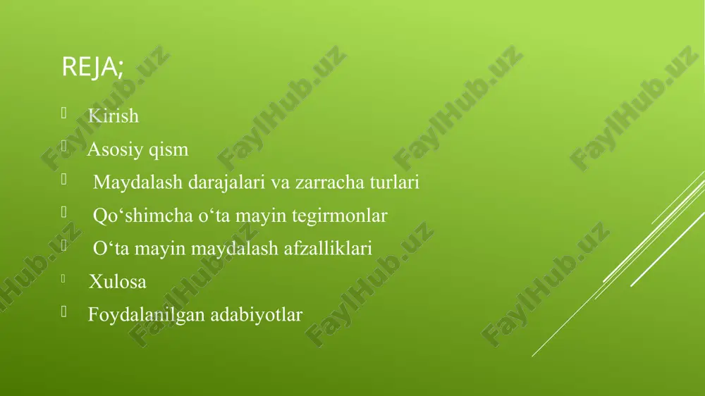 ydalagichlar, bolg‘ali maydalagichlar oraliq maydalash 25 – 1 mm konusli maydalagichlar, sharli tegirmonlar nozik maydalash 1 – 0.1 mm rodli tegirmonlar, vertikal sharli tegirmonlar o‘ta mayin maydalash < 0.1 mm (100 mikron) jet tegirmonlar, isamill, ultrasonik maydalagichlar zarracha turi esa ularning shakli, fizik-kimyoviy holati, disperslik darajasi va yuzasining faolligiga qarab belgilanadi. o‘ta mayin zarrachalar uchun: disperslik darajasi yuqori bo‘ladi (yuzasi katta bo‘lgani uchun kimyoviy reaktivlik ortadi). sferik yoki tartibsiz shaklga ega bo‘lishi mumkin. sanoatda ularni o‘lchash uchun mikroskoplar yoki lazer granulometrlar ishlatiladi. maydalanish mexanizmlari maydalanish jarayoni qanday sodir bo‘ladi? materiallar maydalanganda turli fizik kuchlar ta’sirida zarrachalar kichik qismlarga ajraladi. bu kuchlar quyidagilardan iborat: urish (impact) – materialga yuqori tezlikda kuch ta’sir ettirib uni sindirish. ko‘pincha bolg‘ali yoki sharli tegirmonlarda yuz beradi. siqish (compression) – materialni ikki sirta orasida bosim ostida siqib, yoriq hosil qilib bo‘laklash. jag‘li maydalagichlar asosiy vakil. ishqalanish (attrition) – zarrachalarning bir-biriga yoki tegirmon devoriga ishqalanib silliqlanishi. isamill …