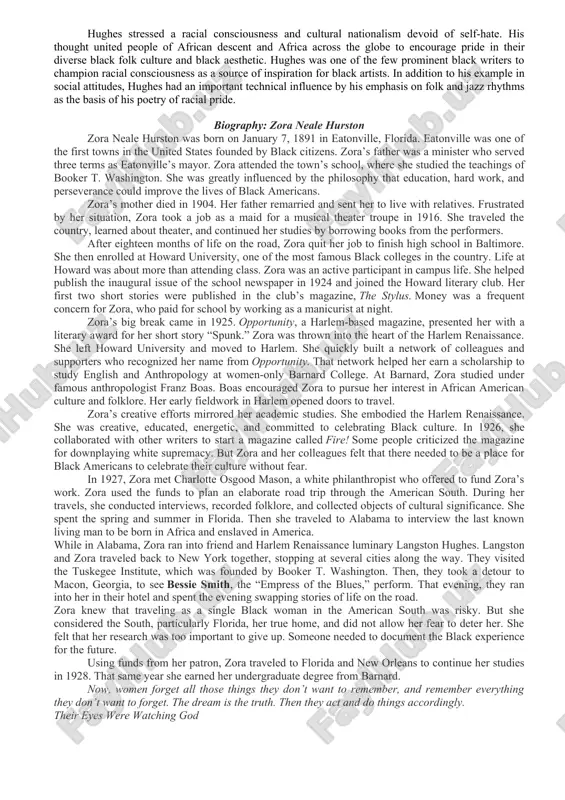considered their manifesto, “the negro artist and the racial mountain,” published in the nation in 1926: the younger negro artists who create now intend to express our individual dark-skinned selves without fear or shame. if white people are pleased we are glad. if they are not, it doesn’t matter. we know we are beautiful. and ugly, too. the tom-tom cries, and the tom-tom laughs. if colored people are pleased we are glad. if they are not, their displeasure doesn’t matter either. we build our temples for tomorrow, strong as we know how, and we stand on top of the mountain free within ourselves. his poetry and fiction portrayed the lives of the working-class blacks in america, lives he portrayed as full of struggle, joy, laughter, and music. permeating his work is pride in the african-american identity and its diverse culture. “my seeking has been to explain and illuminate the negro …