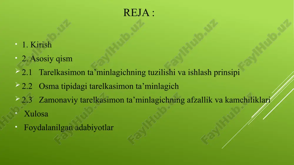 uvchan halqaning (5) tushirilishi bilan bajariladi. maxovik (6), burama (7) va richagli ayri (8) yordami bilan halqani yuqoriga ko‘tarib, diskga materialning konusini va uning uzatilishini ko‘paytirish mumkin; halqani pasaytirib, materialning konusini va uzatishni eng kichik miqdorgacha tushirib kamaytirish mumkin. diskdan materialning tashlanishi burchak ostida o‘rnatilgan pichoq (4) vositasida (2.1–rasm, a chizma) amalga oshiriladi. diskning (2) har bir aylanishida pichoq materialni halqaning (5) pastki diametrini aniqlaydigan silindr hajmidan ayirib olib, kesik konusning hajmiga teng qabul qiluvchi halqaga tashlaydi va qirqadi. pichoqning uskunasini boshqarib, tashlanadigan materialning halqasini enini va ta’minlagichning ishlab chiqarish samaradorligini boshqarish mumkin. talab etiladigan pichoqning uskunasi buramali maxovik (9) va richag (10) vositasida bajariladi. 2.1-rasm. zamonaviy tarelkasimon ta’minlagich chizmasi 2.2-rasm. zamonaviy tarelkasimon ta’minlagich chizmasi (davomi). 2.2 osma tipidagi tarelkasimon ta’minlagich osma tipidagi tarelkasimon ta’minlagich (3–rasm) sement ishlab chiqarish va boshqa zavodlarda qo‘llaniladi. ushbu ta’minlagich elektrodvigateldan (1), ichiga o‘rnatilgan (2) va qo‘chqaroqli reduktorlardan (3) harakatga keltiriladi. massa diskga (4) uzatiladi. …