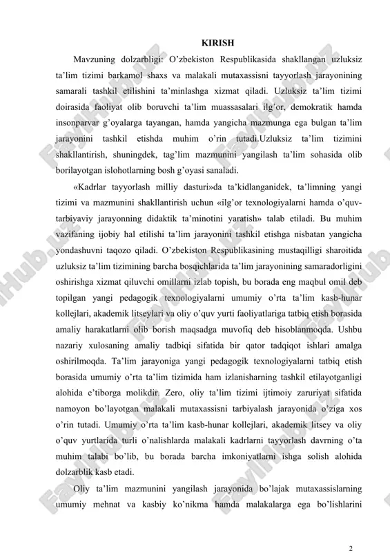 ifatida bir qator tadqiqot ishlari amalga oshirilmoqda. ta’lim jarayoniga yangi pedagogik texnologiyalarni tatbiq etish borasida umumiy o’rta ta’lim tizimida ham izlanisharning tashkil etilayotganligi alohida e’tiborga molikdir. zero, oliy ta’lim tizimi ijtimoiy zaruriyat sifatida namoyon bo’layotgan malakali mutaxassisni tarbiyalash jarayonida o’ziga xos o’rin tutadi. umumiy o’rta ta’lim kasb-hunar kollejlari, akademik litsey va oliy o’quv yurtlarida turli o’nalishlarda malakali kadrlarni tayyorlash davrning o’ta muhim talabi bo’lib, bu borada barcha imkoniyatlarni ishga solish alohida dolzarblik kasb etadi. oliy ta’lim mazmunini yangilash jarayonida bo’lajak mutaxassislarning umumiy mehnat va kasbiy ko’nikma hamda malakalarga ega bo’lishlarini ta’minlash masalasining samarali hal etilishiga alohida ahamiyat qaratilishi zarur. bozor iqtisodiyotiga o’tish sharoitida o’qituvchilarning mehnat bozoriga moslashuvini ta’minlash alohida ahamiyat kasb etmoqda. shu o’rinda alohida ta’kidlash joizki, oliy ta’lim muassasalarida bo’lajak mutaxassislarni tayyorlash jarayoni talabalarda zaruriy ishlab chiqarish iqtisodiy mazmunga ega faoliyat, ko’nikma va malakalari sifatini shakllantirishga e’tiborni qaratish talab etiladi. biroq, ta’lim jarayonlarini takomillashtirishga qo’yilayotgan yangi, yanada yuqoriroq talablar, …