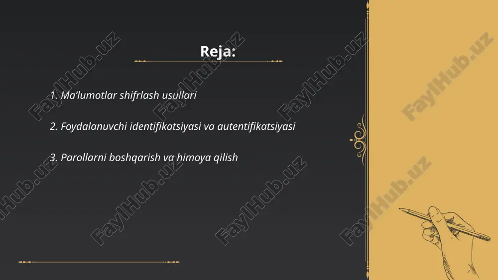 ridan foydalaning, masalan, lastpass yoki bitwarden, parollarni saqlash va ularni xavfsiz boshqarishni osonlashtirish uchun. har yili parollarni o'zgartiring va bir xil paroldan bir necha hisobda foydalanmang. ikki faktorli autentifikatsiya (2fa) imkon qadar ko'proq joyda yoqing. statistika ko'rsatadi, odamlardan 60% dan ortig'i bir xil parollardan takroran foydalanishadi, bu esa xavfsizlikka jiddiy tahdid soladi. ... t.me/slaydai_bot 4. internet xavfsizligi protokollari internet xavfsizligi protokollari tarmoq orqali ma'lumotlarni xavfsiz almashish uchun moʻljallangan texnologiyalardir. asosiy xavfsizlik protokollari ichiga https (hypertext transfer protocol secure), ssl/tls (secure sockets layer/transport layer security), va ipsec (internet protocol security) kiradi. https tarmoqli trafigini shifrlangan kanal orqali yuborib, ma'lumotni himoya qiladi. ssl/tls internetdagi aloqa xavfsizligini ta'minlab, server va mijozi o'rtasida shifrlangan ulanish hosil qiladi. ipsec ma'lumot paketlarini tekshirish va shifrlash orqali tarmoq qatlamida xavfsizlikni ta'minlaydi. bu protokollar internetda ma'lumotlar konfidensialligini, yaxlitligini va avtentiqligini himoyalashda muhim rol o'ynaydi. ... t.me/slaydai_bot tarmoq xavfsizligi devorlari (firewall) tarmoq xavfsizligini ta'minlashda muhim rol o'ynaydi. ular tarmoqdan …