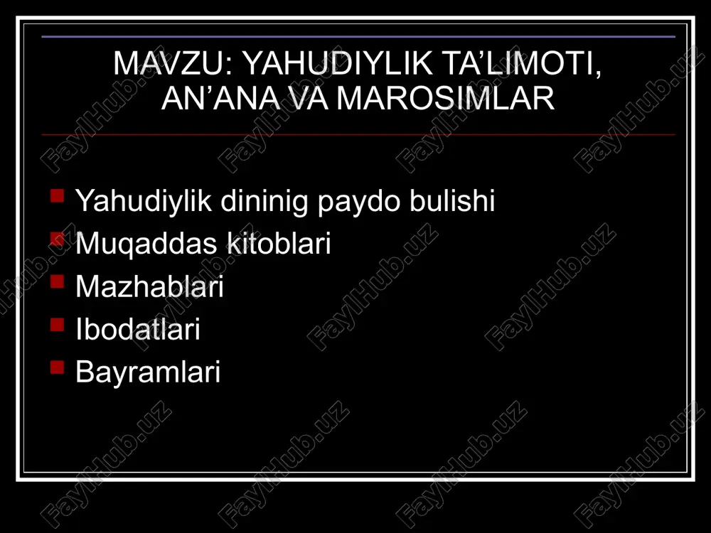 ida qabul qilingan ikki uchburchakdan iborat’’magen david ‘’ deb nomlanuvchiolti burchakli bir yulduz qabul qilingan. ibodatlari ibodatlari yahudiylar ibodatlarini ‘’sinagoga’’lardaamalga oshirganlar.sinagoga quddusdagi ibodatxonaning vayron qilinishidan keyin yahudiylarning ibodat qilidigan uylariga nisbatan shunday nomlangan.sinagogalarda yahudiylarningramzi bulgan 7-shoxoli shamdon bulgan ibodatlari yahudiylar yahvega sodiqligini ifodalash uchun bir necha bayramlarni nishonlashadi.yillik bayramlari orasida eng e’tiborlisi ‘’peysax’’ bayramidir. mazhablari yahudiylik mazhablari uch alohida guruhga bulinadi.mil avv iiasrda klassik mazhablar urta asr mazhablari zamonaviy davr mazhablari klassik mazhablar xristianlikdan oldingi farisiylar saduqiylar essaniylar zealotlar o’rta va zamonaviy mazhablar o’rta asr mazhablari rabboniy yahudiylik qaroiylik issaviyya yudganiyava shazkaniya zamonaviy mazhablar ortodoks reformist muhofazakor qayta tuzilishga ega somiriylar foydalanilgan adabiyotlar 1. abdusamedov a.e. dinlar tarixi. toshkent: o’zmu, 2004. - 208 b. 2. yo’doshxo’jayev x., rahimjonov d. komilov m. dinshunoslik (maruzalar matni) toshkent: tosh dshi nashriyoti. 2000 3. mo’minov a. va boshqalar. dinshunoslik (darslik). - toshkent: “mehnat”, 2004 4. ochildiyev a. va boshqalar. dinshunoslik asoslari (o’quv qo’llnma). -toshkent: …