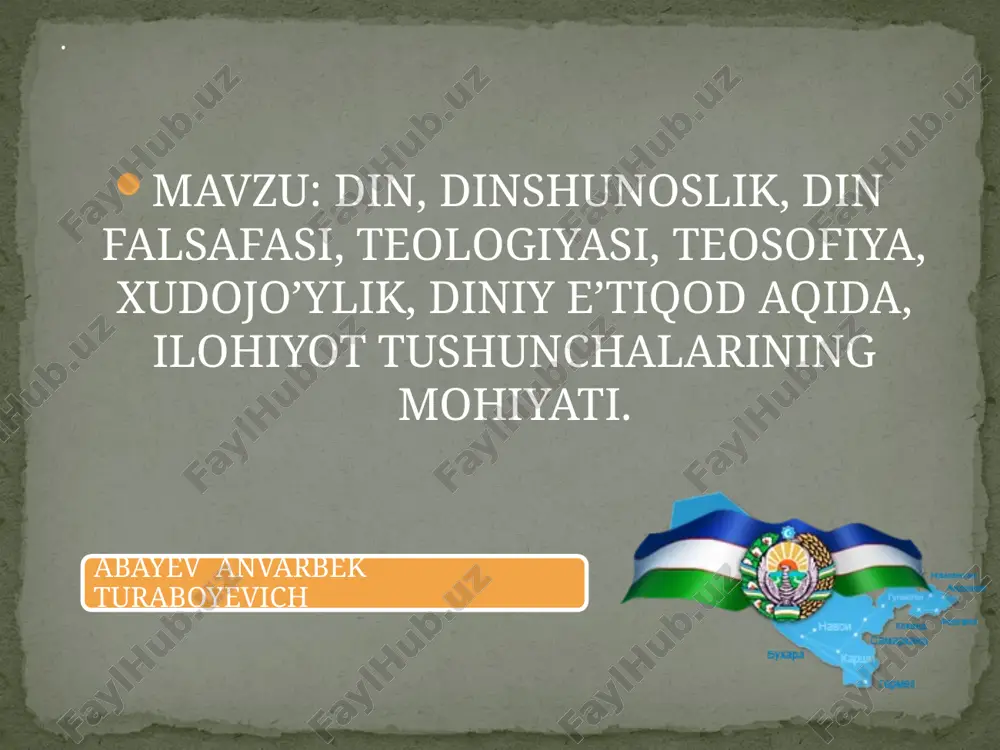ishonch va ishonishni ifoda etadigan maslak, qarash, ta’limotdir. din muayyan ta’limotlar, his-tuyg’ular, toat-ibodatlar va diniy tashkilotlarning faoliyatlari orqali namoyon bo’ladi. u olam, hayot yaratilishini tasavvur qilishning alohida tariqasi, uni idrok etish usuli, olamda insoniyat paydo bo’lgandan to bizgacha o’tgan davrlarni ilohiy tasavvurda aks etishidir. din komil insonni tarbiyalashda salmoqli tarbiyalovchi qudratga ega bo’lgan ma’naviy-axloqiy kuchdir. . to’ldiruvchilik tasalli kompetsatorlik beruvchilik . din o’z e’tiqod qiluvchilari uchun qanday vazifa bajaradi? dinning bu funksiyasining nazariy asosini yirik amerikalik sosiolog t. parsons ishlab chiqdi. uning fikricha, «har qanday ijtimoiy tizim muayyan cheklovlarsiz mavjud bo’la olmaydi. buning uchun u qonun darajasiga ko’tarilgan axloq normalarini ishlab chiqishi kerak. din bunday normalarni qonunlashtiribgina qolmay, ularga bo’lgan munosabatni ham belgilaydi». . integ- ratorlik legitimlov-chilik. qonunlashtiruvchilik hozirgi kunda din tipologiyasida dinlarning quyidagi tasniflari mavjud: . tarixiy-geografik jihatga ko’ra. etnik jihatga ko’ra. e’tiqod qiluvchilarining soniga ko’ra. hozirgi davrda mavjudligi jihatidan (tirik va o’lik diniy tizimlar) . ilmiy adabiyotlarda keltirilishicha, …