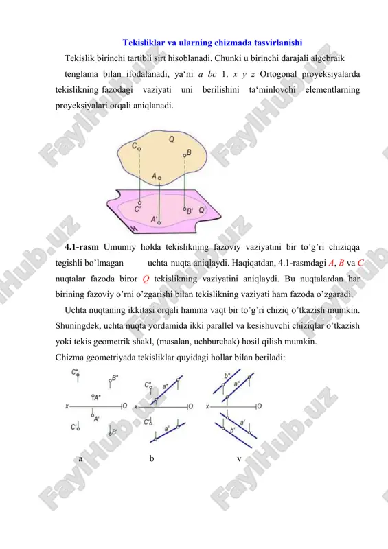 il og’ish burchak hosil qilsa, uning ikkita izi bir to’g’ri chiziqda yotadi. uchinchi izi esa proyeksiyalarini o’qi bilan 45° burchak hosil qiladi (4.3,v-rasm). a b v 4.3-rasm tekisliklarning proyeksiyalar tekisliklariga nisbatan vaziyatlari tekislik fazoda proyeksiyalar tekisliklariga nisbatan umumiy va xususiy vaziyatlarda joylashishi mumkin. umumiy vaziyatdagi tekisliklar. agar tekislik proyeksiyalar tekisliklarining birortasiga parallel yoki perpendikulyar bo’lmasa, uni umumiy vaziyatdagi tekislik deyiladi (4.3,a-rasm). chizmada umumiy vaziyatdagi tekislikning izlari proyeksiyalar o’qlari bilan ixtiyoriy burchak hosil qiladi. agar biror p tekislik proyeksiyalar tekisliklari bilan bir xil burchak hosil qilsa, uning ph ph va pv izlari ox o’qi bilan bir xil burchak hosil qiladi (4.3,b-rasm). tekislikning bosh chiziqlari tekislikning bosh chiziqlariga uning gorizontal va frontal chiziqlari kiradi. tekislikning gorizontali ta‟rif. tekislikka tegishli to’g’ri chiziq h tekisligiga parallel bo’lsa, bu to’g’ri chiziq tekislikning gorizontali deyiladi. bunda hp hamda h∥h bo’lsa, h to’g’ri chiziq p tekislikning gorizontal chizig’i bo’ladi. chizmada tekislik gorizontalining frontal proyeksiyasi ox ga parallel, …