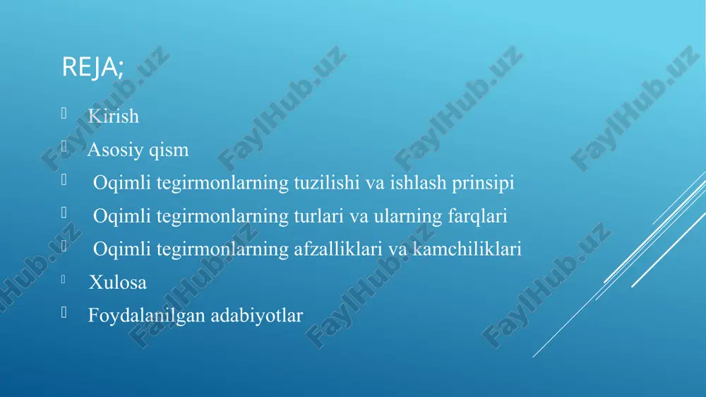 an ajralib turadi. tuzilishi oqimli tegirmonning asosiy konstruktiv qismlari quyidagilardan iborat: 1 2 3 5 4 baraban (silindr): tegirmonning asosiy ishchi qismi bo‘lib, po‘latdan yasalgan. uning ichki devorlari odatda qattiq va aşınmaydigan materiallar bilan qoplangan (lining). maydalovchi jism (shar yoki silindr): baraban ichiga joylashtiriladi. material aynan shu jismlar yordamida maydalanadi. sharli yoki silindrsimon bo‘lishi mumkin. podshipnik va tayanchlar: barabanni aylanishda ushlab turadi va yuklamalarni taqsimlaydi. elektr dvigatel va reduktor: barabanning aylanishini ta’minlovchi mexanizm. yuklash va tushirish teshiklari: material tegirmonga doimiy ravishda beriladi va maydalanib, mahsulot shaklida chiqadi. ishlash prinsipi: oqimli tegirmon uzluksiz ishlaydi. quyidagi bosqichlar orqali jarayon amalga oshiriladi: tegirmonning aylanma harakati materialni samarali maydalash uchun muhim. bu harakat odatda 60-85% kritik tezlikda amalga oshiriladi (kritik tezlik — sharlar barabanning devoriga yopishib qolmasdan erkin tushishini ta’minlovchi maksimal aylanish tezligi). 3 4 1 2 xomashyo yuklash qismidan tegirmon ichiga beriladi. baraban aylanishi natijasida ichkaridagi maydalovchi jismlar harakatga keladi. maydalanib, kerakli noziklikka …