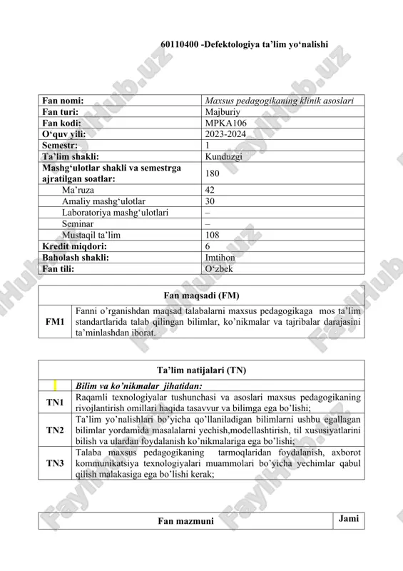 lari 2 m6 intllektual kamchiligi bo’lgan bolalarning maxsus ta’lim tizimi 2 m7 tiflopedagogikaning predmeti va metodlari 2 m8 ko’rishda nuqsoni bo’lgan bolalarning pedagogik psixologik tavsifi 2 m9 alohida yordamga muhtoj eshitishda nuqsoni bor bolalar. 2 m10 alohida yordamga muhtoj bolalarning bilish faoliyati xususiyatlari. 2 m11 ruhiy va jismoniy rivojlanish sustlashgan bolalar. 2 m12 bolalarning klinik rivojlanishda korreksiya va kompetensiya. 2 m13 motor nuqsonli (harakat tayanch a’zolari jarohatlangan) bolalar ularning tavsifi. 2 m14 logopediya fanining predmeti va vazifalari. 2 m15 nutq buzulishlari etiologiyasi 2 m16 logopedik ta’sir tamoyillari va metodlari 2 m17 bolalar nutqining rivojlanish xususiyatlari 2 m18 ixtisoslashgan maktablarda o’qitish tamoyillari 2 m19 o‘zbekistonda maxsus talimni tashkil etish tizimi. 2 m20 inklyuziv ta’limning rivojlanish tarixi va xorijiy tajribalar 2 m21 inklyuziv talim va uning o‘ziga xos xususiyatlari. 2 mashg‘ulotlar shakli: amaliy mashg‘ulot (a) 42 i-semestr a1 maxsus pedagogikani rivojlanish tarixi. 2 a2 maxsus pedagogika, uning vazifalari, boshqa fanlarga aloqasi. 2 …