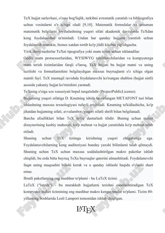 mbor, yuqori sifatli shrift bilan belgilanadi. barcha afzalliklari bilan tex to'liq dasturlash tilidir. buning uchun maket dizaynerining kasbiy mahorati, ko'p mehnat va hujjat yaratishda ko'p mehnat talab etiladi. shuning uchun tex tizimga kirishning yuqori chegarasiga ega. foydalanuvchilarning keng auditoriyasi bunday yaxshi bilimlarni talab qilmaydi. shuning uchun tex uchun maxsus soddalashtirilgan makro paketlar ishlab chiqildi, bu erda bitta buyruq texa buyruqlar qatorini almashtiradi. foydalanuvchi faqat uning maqsadini bilishi kerak va u qanday ishlashi haqida o'ylashi shart emas. ibratli paketlarning eng mashhur to'plami - bu latex tizimi. latex ("latech") - bu murakkab hujjatlarni terishni osonlashtiradigan tex kompyuter maket tizimining eng mashhur makro kengaytmalar to'plami. tizim 80-yillarning boshlarida lesli lamport tomonidan ishlab chiqilgan. rasm. 2. logotip latex. shuni ta'kidlash kerakki, biron bir so'l to'plam tex funktsiyasini kengaytirmaydi: latex-da bajarilishi mumkin bo'lgan hamma narsa tex bilan ham amalga oshiriladi (aksi to'g'ri emas). latexning birinchi versiyasi 1984 yilda lesli lamport tomonidan chiqarilgan. xalqarolashtirishning yuqori mashhurligi …
