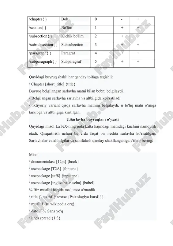 ish uchun bu erda faqat bir nechta sarlavha ko'rsatilgan. sarlavhalar va altbilgilar va sahifalash qanday shakllanganiga e'tibor bering. misol \ documentclass [12pt] {book} \ usepackage [t2a] {fontenc} \ usepackage [utf8] {inputenc} \ usepackage [inglizcha, ruscha] {babel} % biz muallif haqida ma'lumot o'rnatdik \ title {\ textbf {\ textsc {psixologiya kursi}}} \ muallif {ru.wikipedia.org} \ date {}% sana yo'q \ lines spread {1.3} \ begin {document} % sarlavha yaratish \ maketitle % 1-bob \ bob [o'zini tutish] {o'zini tutish psixologiyasi} \ bo'lim {kirish} \ textbf {behavior} --- aniq ustunlik qiladi ... \ bo'lim {yondashuvlar va ko'rsatmalar} xulq-atvor fanlari ildizlari qadimgi ... \ kichik bo'lim {psixologiya} psixologiya inson psixikasini o'rganadi, ... \ kichik bo'lim {hayvonlar psixologiyasi} zoopsixologiya o'rganmoqda ... . . . % 2-bob \ bob [tafakkur] {fikrlash psixologiyasi} \ bo'lim {kirish} \ textbf {mind} tarbiyaviy ... ... ... ... \ end {document} natija bu erda o'quvchi umumiy g'oyani tushunadi degan taxminlar …