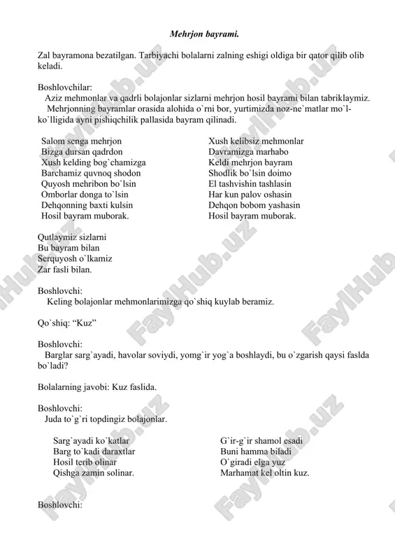 . oldik ko`p hosil o`rik, olma, nok shakardek asal uzum qildi tok. bizning polizda qovun-tarvuz ko`p yetildi kuzda so`yib yedik xo`p. kuz: raxmat sizga bolajonlar kuz faslini juda sevar ekansizlar. meni derlar oltin kuz xirmonda hosil to`kin tayyorlanar barcha xalq katta bayramga bu kun. boshlovchilar: bolalar bog`larimizda, polizlarimizda hosilimiz juda mo`l. bugungi davramizga-chi sabzavotlar tashrif buyurishibdi, marhamat sabzavotlar. 1-bola to`sto`polon bozorda yoki biron guzarda uchrab qolgan onimda o`tib ketma yonimdan ko`rganmisan kinoni mag`rur chippolinani o`sh yerda men ham bor nomim sinyora pomidor. 2-bola uy ro`zg`orda tengim yo`q sabzi tansiq beg`ubor shu palovni palov qilgan vitamin ham desangiz arzigudek qarsillatib non o`rniga yesangiz. 3-bola yerga chuqur botsam men bekinvolib yotsam men izlab topdi oshpazlar meni chopdi oshpazlar yig`lamadim chaqqonman lekin juda hayronman oshpazlarning o`zlari nega yoshlar ko`zlarin. 4-bola popuk bargli bosim bor vazmingina toshim bor dumi uzun rediska menga kenjatoy uka yoshda pichi shoshar u bahordayoq pishar u men shoshmayman beg`amman …