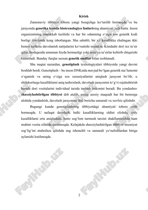 i o‘zgarishlar o‘rganiladi. insonning genetik kodi shaxsiy “biologik pasport” hisoblanadi va undagi kichik farqlar ham organizmning ishlashiga, kasalliklarga moyilligiga va dorilarga bo‘lgan javobiga ta’sir qiladi. shuning uchun genotiplash tibbiyotning yangi bosqichini boshlab bergan eng muhim ilmiy-amaliy usullardan biridir. tibbiyotda genotiplashning ahamiyati juda keng: kasalliklarning erta tashxisi – genetik mutatsiyalarni aniqlash orqali insonda qaysi kasallikka moyillik borligini oldindan bilish mumkin. masalan, saraton, qandli diabet yoki yurak-qon tomir kasalliklariga irsiy moyillik aniqlanadi. irsiy kasalliklarni nazorat qilish – avloddan-avlodga o‘tuvchi kasalliklarni oldindan bilish orqali oilaviy rejalashtirishda muhim ma’lumot beradi. profilaktika choralarini belgilash – genotiplash orqali inson sog‘lig‘i uchun xavf tug‘diradigan omillarni bilgan holda sog‘lom turmush tarzini yo‘lga qo‘yishi mumkin. individual davolashga tayanch – shifokor bemorning genetik ma’lumotiga asoslanib, unga eng mos dori vositalarini tanlaydi va dozasini belgilaydi. bundan tashqari, genotiplash tibbiyotda personalizatsiya (shaxsiylashtirish) jarayonining asosi hisoblanadi. chunki u umumiy yondashuvni chetga surib, har bir bemorni alohida genetik shaxs sifatida ko‘rib chiqadi. natijada davolash …
