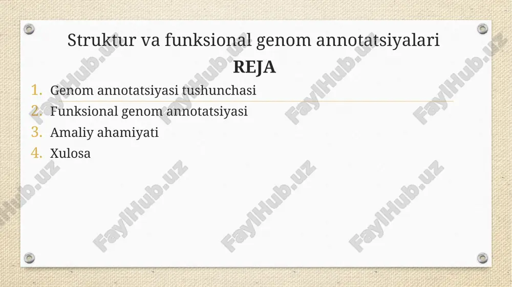 a-ketligidagi genlarni aniqlash, tuzilishini xaritalash hamda ularning biologik funksiyalarini izohlashdan iborat. struktur genom annotatsiyasi yordamida genlarning chegaralari, intron va ekzonlari, kodlovchi va kodlamaydigan hududlari aniqlanadi. funksional annotatsiya esa genlarning vazifalarini, ular sintez qiladigan oqsillar va ishtirok etadigan biologik jarayonlarni ochib beradi. annotatsiyaning amaliy ahamiyati juda keng: tibbiyotda kasallik genlarini aniqlash, dori vositalari va vaksinalar ishlab chiqishda qo‘llanilsa, qishloq xo‘jaligida hosildorlikni oshirish, qurg‘oqchilik va zararkunandalarga chidamli navlar yaratishda muhim o‘rin tutadi. biotexnologiya sohasida esa bioyoqilg‘i, enzimlar, probiotiklar kabi mahsulotlar ishlab chiqishda, shuningdek, atrof-muhitni tozalashda qo‘llaniladi. shunday qilib, genom annotatsiyasi nafaqat nazariy biologiya, balki inson salomatligi, oziq-ovqat xavfsizligi va ekologik muammolarni hal qilishda ham muhim vosita bo‘lib xizmat qiladi. bu yo‘nalishdagi ilmiy izlanishlar kelajakda yanada ko‘proq yangiliklar va ijobiy natijalar olib kelishi shubhasiz. image4.png image5.png image6.png image7.jpeg image8.png image9.png image10.png image11.png image3.png /docprops/thumbnail.jpeg
