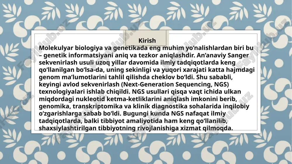 adqiqotchilar loyihaga mos platformani tanlab, genomik tahlillarni samarali amalga oshirishlari mumkin. ngs texnologiyasining amaliy qo‘llanilishi va afzalliklari ngs texnologiyasi tibbiyot va biologiyaning turli sohalarida keng qo‘llaniladi. u yordamida genetik kasalliklarni aniqlash, onkologiyada o‘sma hujayralarini tahlil qilish, infeksion kasalliklarni tezkor diagnostika qilish, shuningdek, evolyutsion tadqiqotlar va mikrobiom tahlillari amalga oshiriladi. ngsning afzalliklari — katta hajmdagi ma’lumotni qisqa vaqtda olish, yuqori aniqlik, arzonlashib borayotgan narx va shaxsiylashtirilgan tibbiyotda keng qo‘llanish imkoniyatidir. xulosa ngs (next-generation sequencing) texnologiyasi genomika va molekulyar biologiya sohasida katta yutuqlarga sabab bo‘ldi. u an’anaviy sekvenirlash usullaridan tezligi, aniqligi va katta hajmdagi ma’lumotni qayta ishlash imkoniyati bilan keskin farq qiladi. zamonaviy platformalar yordamida tadqiqotchilar nafaqat butun genomni, balki transkriptom va epigenetik o‘zgarishlarni ham chuqur o‘rganishlari mumkin. bugungi kunda ngs klinik diagnostika, farmakogenomika va shaxsiylashtirilgan tibbiyotda keng qo‘llanilib, kelajakda yanada arzon va samarali bo‘lishi kutilmoqda. image2.jpg image3.jpeg image4.jpeg /docprops/thumbnail.jpeg