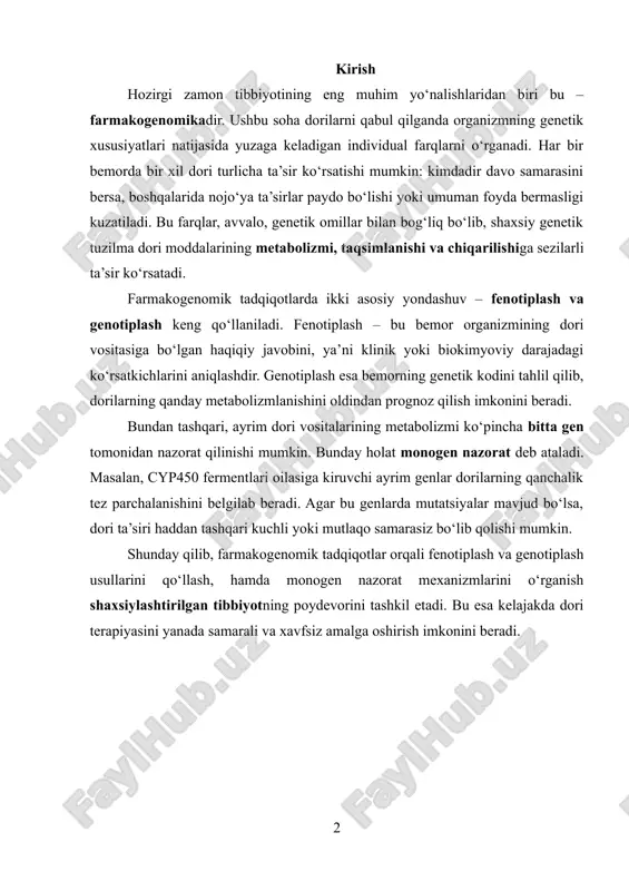 a kiruvchi ayrim genlar dorilarning qanchalik tez parchalanishini belgilab beradi. agar bu genlarda mutatsiyalar mavjud bo‘lsa, dori ta’siri haddan tashqari kuchli yoki mutlaqo samarasiz bo‘lib qolishi mumkin. shunday qilib, farmakogenomik tadqiqotlar orqali fenotiplash va genotiplash usullarini qo‘llash, hamda monogen nazorat mexanizmlarini o‘rganish shaxsiylashtirilgan tibbiyotning poydevorini tashkil etadi. bu esa kelajakda dori terapiyasini yanada samarali va xavfsiz amalga oshirish imkonini beradi. 1. farmakogenomika tushunchasi va tadqiqot usullari farmakogenomika – bu farmakologiya va genomikaning tutash nuqtasida shakllangan zamonaviy fan sohasi bo‘lib, uning asosiy maqsadi dorilarga bo‘lgan individual javobni o‘rganishdan iboratdir. inson genomida mavjud bo‘lgan kichik genetik farqlar dori vositalarining ta’sir kuchi, nojo‘ya ta’sirlari va samaradorligiga sezilarli ta’sir ko‘rsatadi. shu sababli, farmakogenomika bemorlarga yagona, umumiy standart davo emas, balki shaxsiy genetik xususiyatlarga asoslangan shaxsiylashtirilgan dori terapiyasini ishlab chiqishga imkon beradi. farmakogenomik tadqiqotlarda ikki asosiy usul – fenotiplash va genotiplash keng qo‘llaniladi. fenotiplash – bu organizmda dori moddasi bilan bog‘liq jarayonlarning natijalarini kuzatishdir. masalan, …
