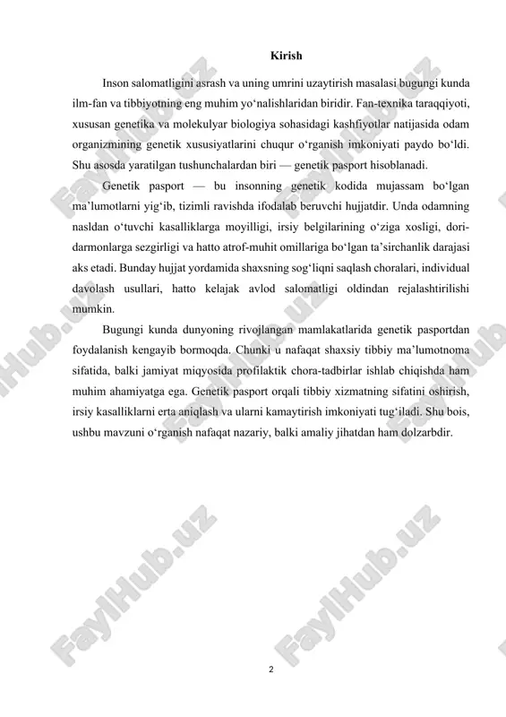 asportning ahamiyati quyidagilarda namoyon bo‘ladi: · tibbiyot sohasida: genetik pasport yordamida shifokorlar har bir inson organizmiga mos davolash va profilaktika choralari ishlab chiqishi mumkin. masalan, dori-darmonlarga individual reaksiyani bilish orqali nojo‘ya ta’sirlarning oldini olish mumkin. · kasalliklarni erta aniqlash: dnk tahlili orqali ayrim irsiy yoki surunkali kasalliklarning rivojlanish xavfi aniqlanadi. bu esa kasalliklar oldini olishga katta yordam beradi. · profilaktika va sog‘lom turmush tarzi: genetik pasportda aks etgan ma’lumotlar asosida shaxs o‘z sog‘lig‘ini boshqarishi, zarur ehtiyot choralarini ko‘rishi mumkin. · jamiyat miqyosida foyda: katta miqdordagi genetik pasportlar bazasi tuzilganda, mamlakat miqyosida sog‘liqni saqlash siyosatini to‘g‘ri rejalashtirish mumkin bo‘ladi. xulosa qilib aytganda, genetik pasport — bu shaxsiy tibbiy xavfsizlikni ta’minlash, kasalliklarni erta oldini olish va sog‘lom avlodni shakllantirishda muhim vosita hisoblanadi. genetik pasportning tuzilishi va ma’lumot turlari genetik pasport insonning genetik xususiyatlari haqida keng qamrovli ma’lumotlarni o‘zida mujassam etgan hujjatdir. u dnk tahlili asosida shakllantiriladi va shaxsga oid biologik, tibbiy hamda …