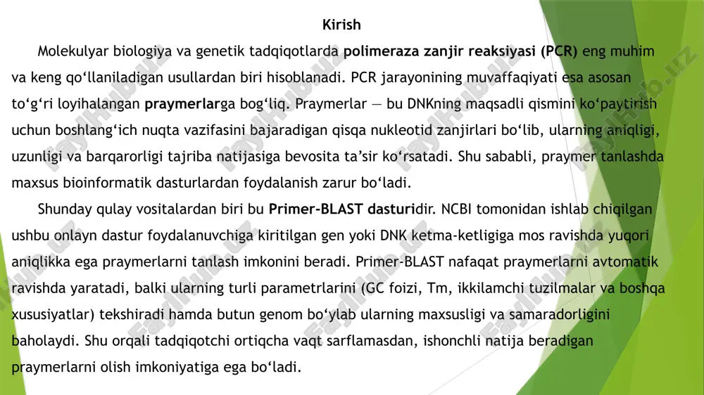 hiyati va imkoniyatlari primer-blast dasturi – bu ncbi (national center for biotechnology information) tomonidan ishlab chiqilgan va pcr uchun praymerlarni loyihalashda keng qo‘llaniladigan onlayn platforma hisoblanadi. ushbu dastur oddiy primer dizayn dasturlaridan farqli o‘laroq, nafaqat mos praymerlarni yaratadi, balki ularni butun genom bo‘yicha blast qidiruvi yordamida tekshiradi. bu imkoniyat orqali tanlangan praymerlarning boshqa joylarda noto‘g‘ri bog‘lanib ketish ehtimoli kamayadi va faqatgina kerakli gen yoki dnk bo‘lagi ko‘paytirilishi ta’minlanadi. dastur foydalanuvchiga dnk yoki gen ketma-ketligini kiritish orqali avtomatik ravishda bir nechta mos praymer variantlarini taklif qiladi. shuningdek, foydalanuvchi istasa, uzunlik diapazoni, erish harorati (tm), gc foizi, mahsulot uzunligi kabi parametrlarni o‘zi belgilashi mumkin. bu esa tadqiqotchi uchun moslashuvchanlik yaratadi. primer-blast’ning yana bir muhim afzalligi – uning ma’lumotlar bazasi bilan integratsiyasidir. chunki ncbi’da mavjud bo‘lgan genom va transkriptom ma’lumotlaridan foydalangan holda praymerlar yanada aniqroq tanlanadi. natijada, laboratoriya sharoitida pcr jarayonini o‘tkazishda yuqori aniqlik, samaradorlik va vaqt tejalishi ta’minlanadi. 2. praymer dizayniga qo‘yiladigan …