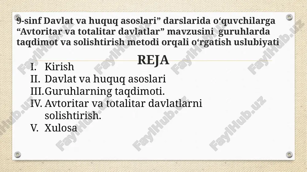 r o‘rganish, o‘quvchilarni siyosiy jarayonlarga tanqidiy yondashishni shakllantirish uchun samarali hisoblanadi. guruhlarda taqdimot va solishtirish metodining mazmuni va mohiyati guruhlarda solishtirish metodi – bu o‘quvchilarning mustaqil tadqiqot faoliyatiga asoslangan yondashuv bo‘lib, bunda ular avtoritar va totalitar davlatlar haqida ma’lumotlarni tahlil qiladi, o‘xshashlik va farqlarini aniqlaydi va natijalarini taqdim etadi. ushbu yondashuv orqali siyosiy rejimlarning mohiyatini tushunish, ularning jamiyat hayotiga ta’siri va oqibatlarini baholash imkoniyati yaratiladi. darsning maqsad va vazifalari maqsad: o‘quvchilarga avtoritar va totalitar davlatlarning asosiy belgilarini mustaqil o‘rganish imkoniyatini yaratish. ularning farqli va o‘xshash jihatlarini solishtirish orqali tanqidiy va tahliliy fikrlashni shakllantirish. jamoaviy ishlash, mustaqil izlanish va taqdimot ko‘nikmalarini rivojlantirish. vazifalar: o‘quvchilarni guruhlarga ajratish va ularga mavzuga oid solishtirish topshiriqlari berish. tarqatma manbalar (jadval, venn diagramma, slayd) bilan ishlashni tashkil etish. o‘quvchilarning o‘rganilgan ma’lumotlar asosida muayyan xulosalar chiqarishiga ko‘maklashish. guruhlarning taqdimotini muhokama qilish va baholash. guruhlarda solishtirish metodi asosiy yo‘nalishlari o‘quvchilar guruhlarga bo‘linib, quyidagi yo‘nalishlar bo‘yicha tadqiqot olib boradilar: …