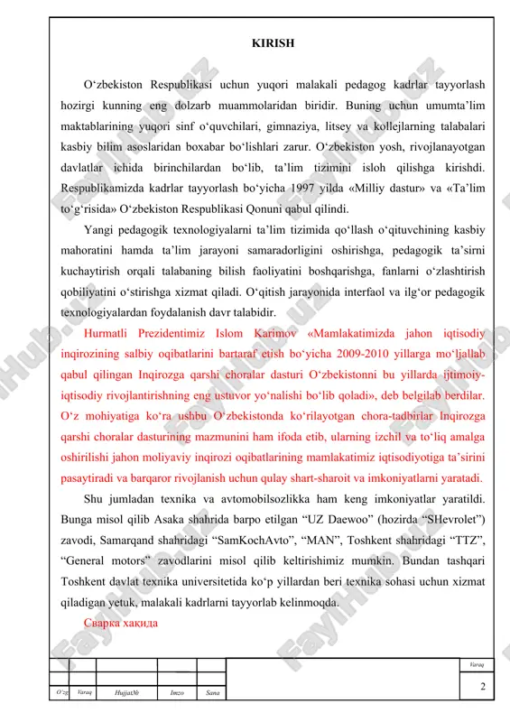 rimov «mamlakatimizda jahon iqtisodiy inqirozining salbiy oqibatlarini bartaraf etish bo‘yicha 2009-2010 yillarga mo‘ljallab qabul qilingan inqirozga qarshi choralar dasturi o‘zbekistonni bu yillarda ijtimoiy-iqtisodiy rivojlantirishning eng ustuvor yo‘nalishi bo‘lib qoladi», deb belgilab berdilar. o‘z mohiyatiga ko‘ra ushbu o‘zbekistonda ko‘rilayotgan chora-tadbirlar inqirozga qarshi choralar dasturining mazmunini ham ifoda etib, ularning izchil va to‘liq amalga oshirilishi jahon moliyaviy inqirozi oqibatlarining mamlakatimiz iqtisodiyotiga ta’sirini pasaytiradi va barqaror rivojlanish uchun qulay shart-sharoit va imkoniyatlarni yaratadi. shu jumladan texnika va avtomobilsozlikka ham keng imkoniyatlar yaratildi. bunga misol qilib asaka shahrida barpo etilgan “uz daewoo” (hozirda “shevrolet”) zavodi, samarqand shahridagi “samkochavto”, “man”, toshkent shahridagi “ttz”, “general motors” zavodlarini misol qilib keltirishimiz mumkin. bundan tashqari toshkent davlat texnika universitetida ko‘p yillardan beri texnika sohasi uchun xizmat qiladigan yetuk, malakali kadrlarni tayyorlab kelinmoqda. svarka xaqida bitiruv malakaviy ishidan maqsad: khkda o‘tiladigan “avtomobillar tuzilishi” o‘quv fanining «ilashish muftalari» mavzusidagi laboratoriya ishi uchun uslubiy ko‘rsatma ishlab chiqish. bitiruv malakaviy ishi vazifalari: …