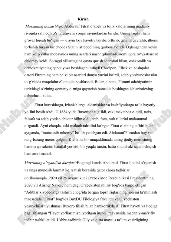 urmat ko’rsatish borasida qator chora tadbirlar qo’llanmoqda..2020 yil 25 avgust kuni o‘zbekiston respublikasi prezidentining 2020 yil alisher navoiy nomidagi o‘zbekiston milliy bog‘ida barpo etilgan “adiblar xiyoboni”ga tashrifi chog‘ida bergan topshiriqlarining ijrosini taʼminlash maqsadida “fitrat” bog‘ida buxdu filologiya fakulteti va o‘zbekiston yozuvchilar uyushmasi buxoro filiali bilan hamkorlikda a. fitrat hayoti va ijodiga bag‘ishlangan “hayot yo‘llarimizni yoritgan inson” mavzusida madaniy-maʼrifiy tadbir tashkil etildi. ushbu tadbirda oliy va o‘rta maxsus taʼlim vazirligining maʼnaviy-axloqiy tarbiya boshqarmasi boshlig‘i o.h.bazarov, buxdu yoshlar bilan ishlash bo‘yicha prorektor a.m.kadirov, o‘zbekiston yozuvchilar uyushmasi buxoro viloyati bo‘limi boshlig‘i sh.s.sulaymonov, yoshlar bilan ishlash bo‘yicha dekan muovini t.a.rajabov, filologiya fakultetining professor-o‘qituvchilari, doktorantlari va talabalari qatnashdilar.a. fitrat hayoti va ijodiga bag‘ishlangan “hayot yo‘llarimizni yoritgan inson” mavzusida tashkil qilingan tadbirni oliy va o‘rta maxsus taʼlim vazirligining maʼnaviy-axloqiy tarbiya boshqarmasi boshlig‘i o.h.bazarov kirish so‘zi bilan ochib berdi. o.h.bazarov fitrat ijodining o‘rganilishi va uning asarlarining nashr qilinishi haqidagi vaziyat haqida yig‘ilganlarga maʼlumot berib o‘tdi. o.h.bazarov fitrat …
