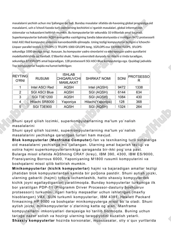 kompyuterlar. super kompyuterlar (top 500 kompyuterlar)-juda katta tezlikni talab qiladigan va katta hajmdagi masalalarni yechish uchun mo`ljallangan bo`ladi. bunday masalalar sifatida ob-havoning global prognoziga oid masalalarni, uch o`lchovli fazoda turli oqimlarning kechishini o`rganish masalalari, global informatsion sistemalar va hokazolarni keltirish mumkin. bu kompyuterlar bir sekundda 10 trillionlab amal bajaradi. superkompyuterlar bahsida aqsh energetika vazirligining sandia laboratoriyasida o`rnatilgan 9472 protsessorli intel asci red kompyuter sistemasi karvonboshilik qilmoqda. uning tezligi kompyuterlar tezligini o`lchovchi- linpacr parallel testida 1 tflops (1 tflops-1000 gflops teng, 1gflops esa 1000000 flops, 1flops-sekundiga 1000 amalga teng). xususan, bu kompyuter yadro sinovlarini va eskirayotgan yadro qurollarini modellashtirishda qo`llaniladi. e'tiborlisi shuki, tokio universiteti dunyoda to`rtinchi o`rinda turadigan, sekundiga 873gflops amal bajaradigan, 128 protsessorli sgi asci blue kompyuteriga ega. quyidagi jadvalda top kompyuterlar haqida ma'lumot keltirilgan: reyting o’rni rusumi ishlab chiqaruvchi mamlakat shirkat nomi soni protsessor 1 intel asci red aqsh intel (aqsh) 9472 1338 2 sgi asci blue aqsh sgi …