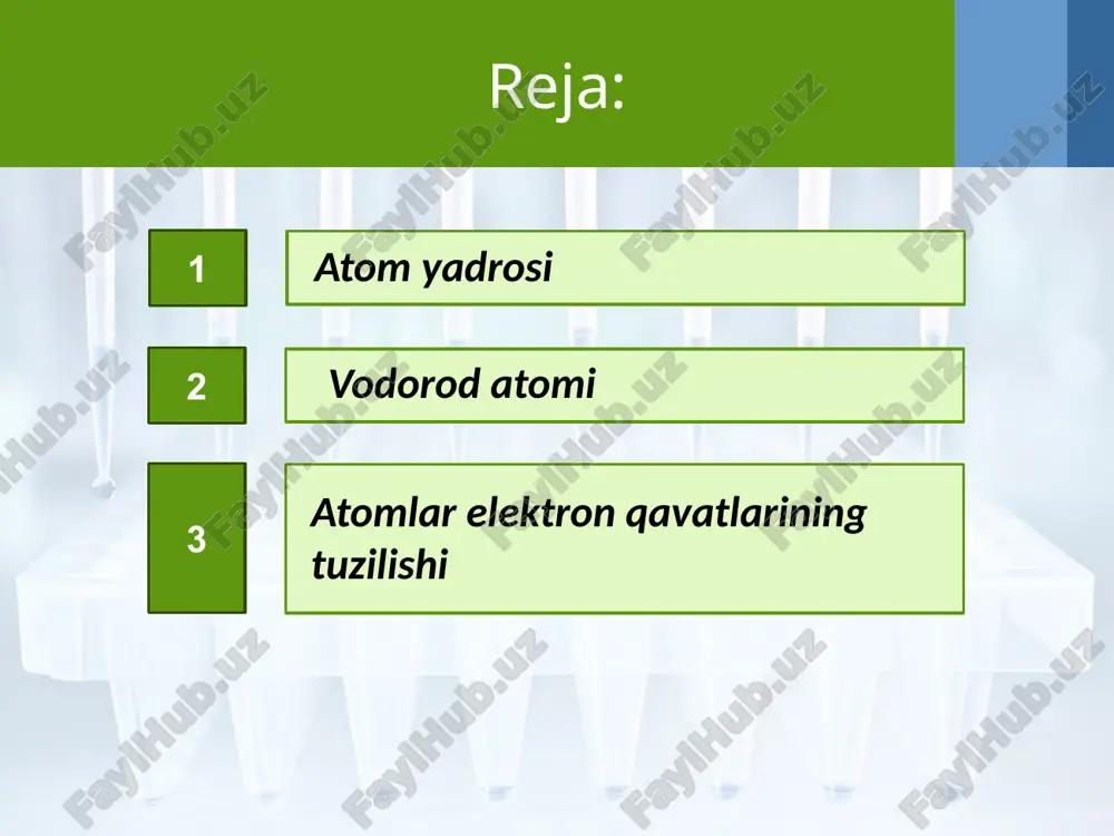 va ular har bir energetik pog‘onada (qavatda) 2 tagacha bo‘ladi. p-elektronlar yadro atrofida x, y va z o‘qlari boylab perpendikulyar harakatlanadi va ular ikkinchi qavatdan boshlab har bir qavatda oltitagacha bo‘ladi. pog‘onachalardagi bo‘sh yacheykalar elektronlar bilan, avvalo, bittadan maksimal darajada to‘ladi, so‘ngra ortib qolgan elektronlar tartib bilan juftlasha boshlaydi. image2.jpg image3.png image4.jpeg image5.jpeg image6.jpeg image7.png image8.jpeg image9.jpeg image10.jpeg image11.jpeg image12.jpeg image13.jpeg image14.png image15.png image16.jpeg image17.jpeg image18.jpeg image19.jpeg image20.jpeg image1.jpg /docprops/thumbnail.jpeg