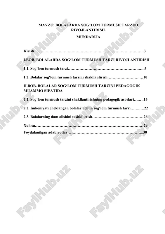 sonning o'zi tomonidan mustahkamlangan yaxshi sog'lig’i unga uzoq va quvonchli hayot kechirish imkonini beradi.salomatlik har bir shaxsning, umuman, butun jamiyatning bebaho boyligidir.sog'lig'ingizni qanday yaxshilash mumkin?javob oddiy - sog'lom turmush tarzini olib boring. bolalarni ham shu tartibda tarbiy alashimiz va muntazam ularga o’rgatishimiz orqali sog’lom turmush tarziga o’rgatishiniz mumkin bo’ladi. sog‘lom turmush tarzi -bu faol mehnat qilish, ijod og‘ushida yashash, kuchli jismoniy va ruhiy zo’riqishlarni, o‘ta xavfli va zararli ta’sir ko‘rsatuvchi omillarni yengil ko‘tara oladigan har tomonlama taraqqiy etgan shaxsning shakllanish jarayoniga aytiladi.o‘zbekiston respublikasining ijtimoiy va iqtisodiy taraqqiyoti o‘sib va rivojlanib borayotgan hozirgi davrda sog‘lom turmush tarzining ijtimoiy –gigienik mezonlarini aniq belgilab olishning ahamiyati juda kattadir. kurs ishining maqsadi: bolalarda sog‘lom turmush tarzi rivojlantirish ijtimoiy pedagogik muammo sifatida o’rganish kurs ishining ob’ekti: bolalarning sog‘lom turmush tarzi hisoblanadi. kurs ishining predmeti: bolalarda sog‘lom turmush tarzi rivojlantirish mazmuni, shakli va metodlaridan foydalanish mazmuni. kurs ishining vazifalari: 1. sogʻlom turmush tarzini shakllantirishning pedagogik asoslari …