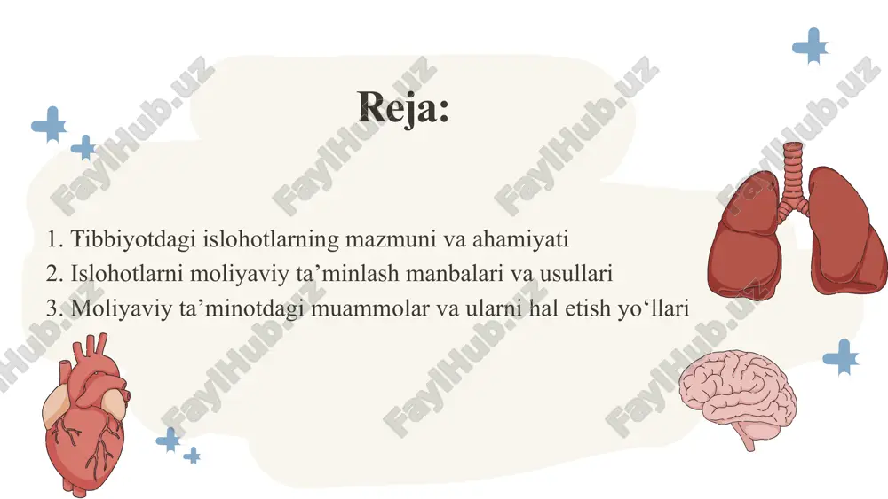 kistonda sog‘liqni saqlash tizimini moliyaviy taʼminlash bir necha manbalar hisobiga amalga oshirilmoqda: islohotlarning moliyaviy taʼminlash manbalari va usullari 1. davlat byudjeti — asosiy moliyaviy manba. masalan, 2023-yilda sog‘liqni saqlash sohasiga davlat byudjetidan 26,2 trillion so‘m ajratildi. bu mablag‘lar poliklinika va shifoxonalarning moddiy bazasini mustahkamlash, dorilar bilan taʼminlash va raqamlashtirish loyihalariga yo‘naltirildi. 2. tibbiy sug‘urta tizimi — bosqichma-bosqich joriy etilmoqda. 2021-yilda andijon viloyatida pilot loyiha sifatida boshlanib, keyinchalik boshqa hududlarga kengaytirildi. bu tizim orqali aholining muayyan guruhlari bepul tibbiy xizmatlar bilan taʼminlanmoqda. islohotlarning moliyaviy taʼminlash manbalari va usullari 3. xalqaro moliyaviy institutlar — jahon banki, osiyo taraqqiyot banki kabi tashkilotlar o‘zbekistonda sog‘liqni saqlash islohotlarini qo‘llab-quvvatlamoqda. masalan, jahon banki 2021-yildan boshlab sog‘liqni saqlash loyihalariga 80 million aqsh dollari miqdorida grant va kredit ajratgan. islohotlarning moliyaviy taʼminlash manbalari va usullari tibbiyot sohasidagi islohotlarni moliyalashtirish jarayonida bir qator muammolar mavjud bo‘lib, ularning bartaraf etilishi islohotlarning samaradorligini belgilaydi: 1. mablag‘ taqsimotidagi nomutanosiblik — viloyatlar va …