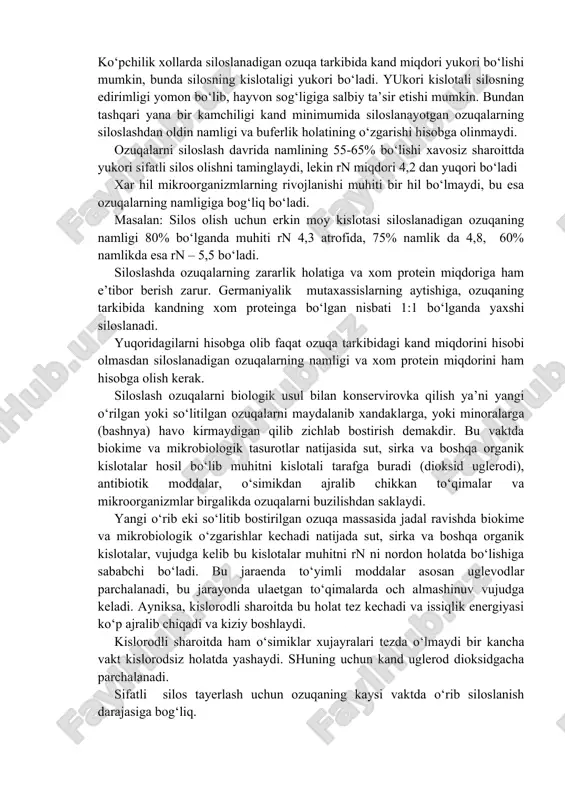 arga 2. siloslanmaydigan ozuqalar bunga beda gunchalash davrida, kartoshka, tarbuz, kovok palaklari. bu ozuqalar tirkibida kand miqdori ozuqalarni siloslash uchun etarli darajada bulmaydi. amaliyotda kand minimumi ham doim siloslanayotgan ozuqalar aralashmasiga silosning sifatiga ta’sir etuvchi asosiy omil bulmasligi mumkin. ko‘pchilik xollarda siloslanadigan ozuqa tarkibida kand miqdori yukori bo‘lishi mumkin, bunda silosning kislotaligi yukori bo‘ladi. yukori kislotali silosning edirimligi yomon bo‘lib, hayvon sog‘ligiga salbiy ta’sir etishi mumkin. bundan tashqari yana bir kamchiligi kand minimumida siloslanayotgan ozuqalarning siloslashdan oldin namligi va buferlik holatining o‘zgarishi hisobga olinmaydi. ozuqalarni siloslash davrida namlining 55-65% bo‘lishi xavosiz sharoittda yukori sifatli silos olishni taminglaydi, lekin rn miqdori 4,2 dan yuqori bo‘ladi xar hil mikroorganizmlarning rivojlanishi muhiti bir hil bo‘lmaydi, bu esa ozuqalarning namligiga bog‘liq bo‘ladi. masalan: silos olish uchun erkin moy kislotasi siloslanadigan ozuqaning namligi 80% bo‘lganda muhiti rn 4,3 atrofida, 75% namlik da 4,8, 60% namlikda esa rn – 5,5 bo‘ladi. siloslashda ozuqalarning zararlik holatiga va …