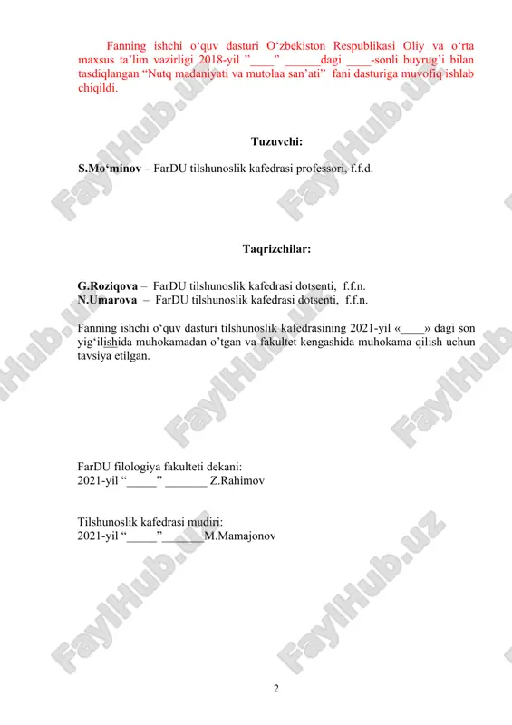 y masalalarning mazmun-mundarijasini belgilash, nutq madaniyati va notiqlik tarixining muhim bosqichlari borasida tasavvur hosil qilish, notiqlikning asosiy shartlari, nutq madaniyati asoslari, notiqlik yo‘nalishlari va maktablari, voizlik san’ati, mumtoz manbalardagi nutq madaniyatiga oid qarashlar haqida ma’lumot berish, nutq sifatlari, uslublari, adabiy til me’yorlariga amal qilish, nutqni maqsadga muvofiq shakllantirish, yozma va og‘zaki nutq ko‘nikmalarini talab darajasida egallagan o‘zbek tili va adabiyoti bo‘yicha mutaxassislar, ilmiy-pedagog kadrlar tayyorlash muhim ahamiyat kasb etmoqda. “nutq madaniyati va mutolaa san’ati” fani madaniy nutq tuzish, ifodali o‘qishga o‘rgatishni, mutolaa madaniyatining talablari, qonun-qoidalarini o‘zlashtirishni, millat va mamlakat hayotida kechgan ijtimoiy-tarixiy, ruhiy-ma’naviy, adabiy-estetik jarayonlarni tushunish, o‘g‘zaki va yozma nutq me’yorlari bo‘yicha muayyan ko‘nikma hosil qilishni maqsad qiladi. “nutq madaniyati va mutolaa san’ati” fani “madaniyatshunoslik”, “yozma nutq me’yorlari”, “davlat tilida ish yuritish”, “hozirgi o‘zbek adabiy tili”, “mutaxassislikka kirish”, “darslikdan foydalanish metodikasi”, “adabiyot nazariyasi”, “mumtoz adabiyot tarixi”, “sotsiologiya”, “psixologiya” fanlari bilan aloqador. ushbu fanni o‘qitish orqali o‘zbek tili va adabiyotini tarixiy …