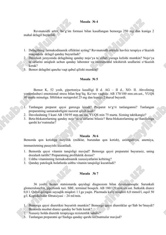da delagil qanday buyuriladi? 2. davolash jarayonida delagilning qanday nojo‘ya ta’sirlari yuzaga kelishi mumkin? nojo‘ya ta’sirlarini aniqlash uchun qanday laborator va instrumental tekshirish usullarini o‘tkazish kerak? 3. bemor delagilni qancha vaqt qabul qilishi mumkin? masala № 5 bemor k, 52 yosh, gipertoniya kasalligi ii d. ag – ii d., xo- ii. ahvolining yomonlashuvi emotsional stress bilan bog‘liq. ko‘ruv vaqtida: ab 170/100 mm.sm.ust., yuqs 90 marta minutiga. shifokor metaprolol 25 mg dan kuniga 2 maxal buyurdi. 1. tanlangan preparat qaysi guruxga kiradi? preparat to‘g‘ri tanlanganmi? tanlangan preparatning samaradorligini nazorat qilish usuli? 2. davolashning 5 kuni ab 150/95 mm.sm.ust, yuqs min 75 marta. sizning taktikangiz? 3. beta-blokatorlarning qanday nojo‘ya ta’sirlarini bilasiz? beta-blokatorlarning qo‘llanilishiga qarshi ko‘rsatmalar? masala № 6 bemorda qon ketishga moyillik (milklar, burundan qon ketish), axlorgidriya, anemiya, immunitetning pasayishi kuzatiladi. 1. bemorda qaysi vitamin tanqisligi mavjud? bemorga qaysi preparatni buyurasiz, uning dozalash tartibi? preparatning profilaktik dozasi? 2. ushbu vitaminning farmakodinamik xususiyatlarini …