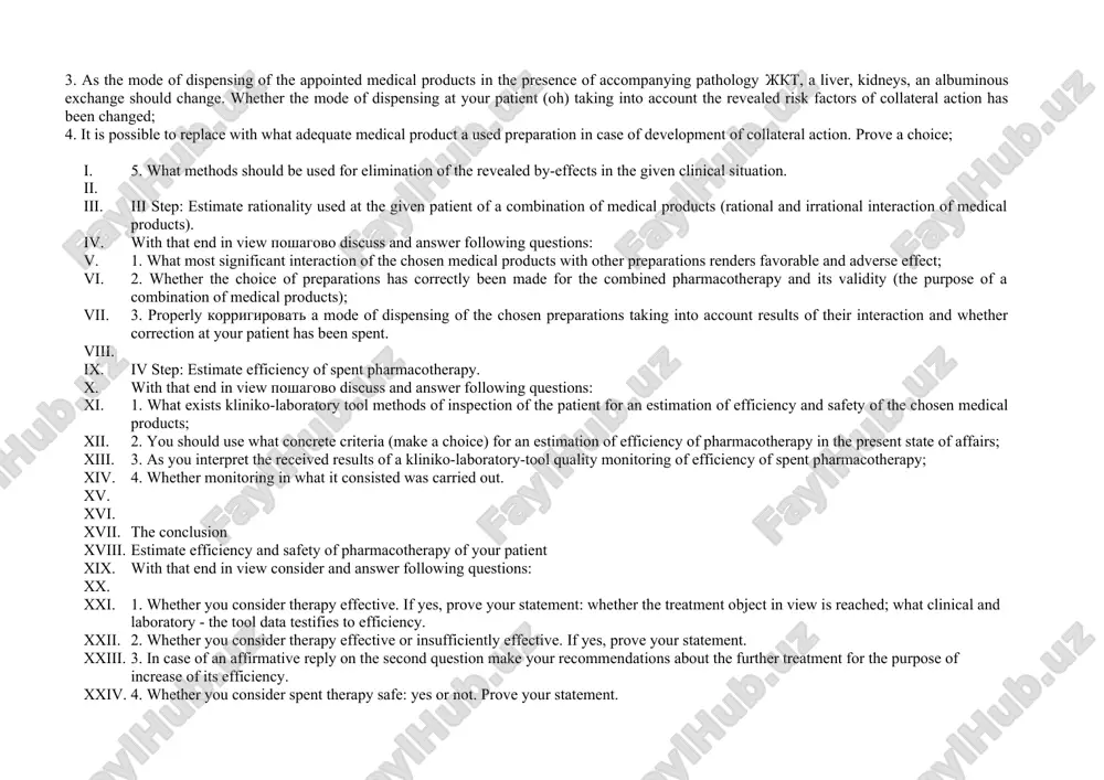 what at your patient existed (or there were) factors which could promote development of collateral action of applied medical products; 3. as the mode of dispensing of the appointed medical products in the presence of accompanying pathology jkt, a liver, kidneys, an albuminous exchange should change. whether the mode of dispensing at your patient (oh) taking into account the revealed risk factors of collateral action has been changed; 4. it is possible to replace with what adequate medical product a used preparation in case of development of collateral action. prove a choice; i. 5. what methods should be used for elimination of the revealed by-effects in the given clinical situation. ii. iii step: estimate rationality used at the given patient of a combination of medical products (rational and irrational interaction of medical products). iii. with that end in view poshagovo discuss and answer following questions: iv. 1. what most significant …