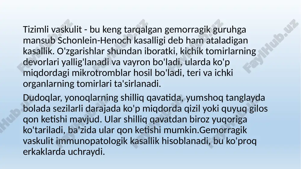 g toksik shikastlanishidir. bundan tashqari, sabab bu zararli ta'sirga tomirlarning giperergik reaktsiyasi. kapillyarotoksikoz tez-tez uchraydigan hollarda sil infektsiyasi bilan sodir bo'ladi. klinik ko'rinishlar sarum kasalligi va schonlein-genoch kasalligida o'xshash: bo'g'imlarning ishtiroki, teri toshmasi, yuqori tana harorati va boshqalar. tizimli vaskulit ning belgilari bolalarda: bolalarda gemorragik vaskulitning asosiy sindromlari mavjud: artikulyar teriga xos buyrak qorin bo'shlig'i malign fulminant ular bolada turli darajada va turli kombinatsiyalarda ifodalanishi mumkin. ko'rib chiqilayotgan kasallik jarayonida tananing har qanday sohasining tomirlari, hatto miya va o'pka ham "tortib olinishi" mumkin. bolalarda ko'pincha teri sindromi o'zini namoyon qiladi. u quyidagicha namoyon bo'ladi: qo'llar, oyoqlar, dumbalarda, ba'zan esa torsoda papulyar-gemorragik toshma paydo bo'ladi, ba'zida ürtiker elementlarga ega. toshma nosimmetrik emas. og'ir holatlarda, shuningdek, bolada, toshma markaziy nekroz bilan birlashtiriladi, toshmalar qobiq bilan qoplanadi. toshma o'tgandan keyin tananing bu joylarida pigmentatsiya qoladi. tizimli vaskulit kasalligi bilan teri bilan birga artikulyar sindrom paydo bo'ladi. yoki, teri birinchi bo'lib paydo bo'ladi, keyin …
