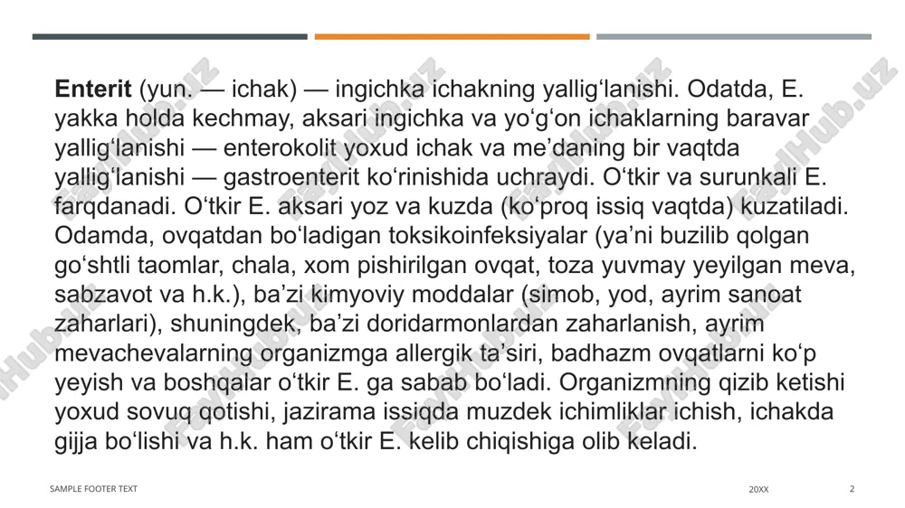 utadi, sutkasiga 10—15-marta ich ketadi, axlatda koʻp shilimshiq, baʼzan qon boʻladi. e.da koʻp qusish va ich ketishi tufayli organizm suvsizlanadi (bemorning terisi quruqshaydi, ogʻzi qurib, hidlanadi, tili karashlanib, lablari qovjiraydi, qorni dam boʻladi va h.k.), yurak faoliyati susayadi, qon bosimi va gavda temperaturasi pasayib, bemorning rangi ketadi, koʻzlari kirtayadi; ogʻirroq hollarda oyoqqoʻllari muzlab, tortishibtortishib turadi. sample footer text 20xx 5 sample footer text 20xx 6 oʻtkir e., toʻla va toʻgʻri davolansa bemor sogʻayib ketadi. aks hodda surunkali tus oladi. surunkali e.ning kelib chiqish sabablari oʻtkir e.nikiga oʻxshash. shuningdek, bu e. baʼzan meʼda, oʻt qopi, jigar yoki meʼda osti bezi kasalliklarida ichak devorining zararlanishi yoki ovqatda vitaminlar tanqisligi va boshqalar oqibatida paydo boʻladi. bunda ingichka va yoʻgʻon ichaklar devorining hamma qatlami shikastlanadi; ichak devorining soʻrish va harakat funksiyasi buziladi. surunkali e. goh zoʻriqib, goh bosiladi. sample footer text 20xx 7 davo bemorning umumiy ahvoli va kasallik belgilariga qarab tayinlanadi. surunkali e.ni …