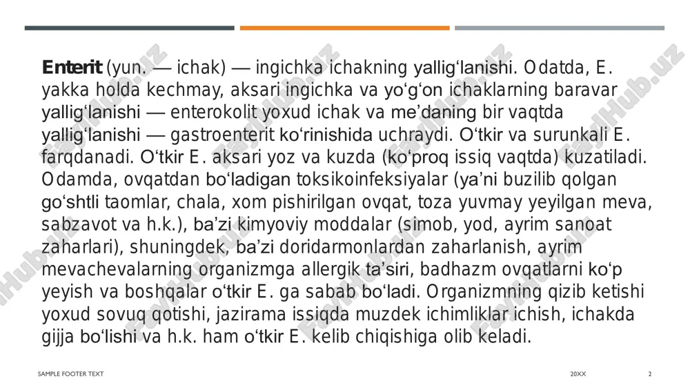utadi, sutkasiga 10—15-marta ich ketadi, axlatda koʻp shilimshiq, baʼzan qon boʻladi. e.da koʻp qusish va ich ketishi tufayli organizm suvsizlanadi (bemorning terisi quruqshaydi, ogʻzi qurib, hidlanadi, tili karashlanib, lablari qovjiraydi, qorni dam boʻladi va h.k.), yurak faoliyati susayadi, qon bosimi va gavda temperaturasi pasayib, bemorning rangi ketadi, koʻzlari kirtayadi; ogʻirroq hollarda oyoqqoʻllari muzlab, tortishibtortishib turadi. sample footer text 20xx 5 sample footer text 20xx 6 oʻtkir e., toʻla va toʻgʻri davolansa bemor sogʻayib ketadi. aks hodda surunkali tus oladi. surunkali e.ning kelib chiqish sabablari oʻtkir e.nikiga oʻxshash. shuningdek, bu e. baʼzan meʼda, oʻt qopi, jigar yoki meʼda osti bezi kasalliklarida ichak devorining zararlanishi yoki ovqatda vitaminlar tanqisligi va boshqalar oqibatida paydo boʻladi. bunda ingichka va yoʻgʻon ichaklar devorining hamma qatlami shikastlanadi; ichak devorining soʻrish va harakat funksiyasi buziladi. surunkali e. goh zoʻriqib, goh bosiladi. sample footer text 20xx 7 davo bemorning umumiy ahvoli va kasallik belgilariga qarab tayinlanadi. surunkali e.ni …