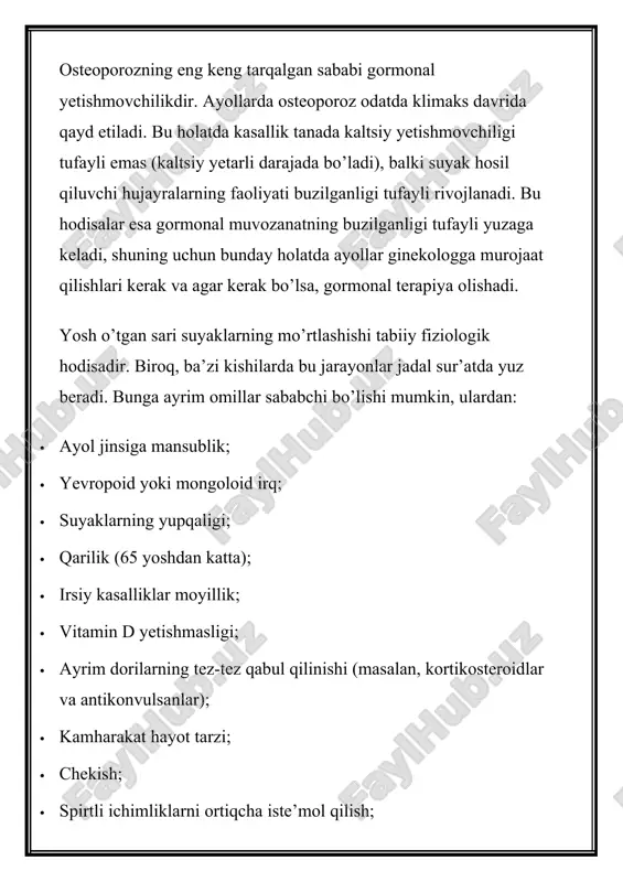 — suyak to’qimasini parchalanish tezligi yangi suyak to’qimasini shakllanishi tezligidan ustun turganda. osteoporozning ushbu shakli, odatda, 70 yoshdan katta odamlar uchun xosdir. statistika ma’lumotlariga ko’ra, senil osteoporoz ayollarda deyarli ikki barobar ko’proq uchraydi va 95% dan ko’proq hollarda klimaks davr bilan bog’liq. osteoporozning 5 foizdan kamrog’i boshqa kasalliklarga yoki muayyan dorilardan foydalanishga bog’liq. bu suyak to’qimasining tuzilma-funktsional kasalliklariga olib keladigan buyraklar, endokrin bezlar va boshqa kasalliklarning oqibatida rivojlanib boruvchi ikkilamchi osteoporoz shaklidir. osteoporozning idiopatik shakli ham ajratiladi (asosan yoshlarda). bu juda kam uchraydigan kasallik hisoblanib, uning sababi hozirda noma’lum bo’lib qolmoqda. idiopatik osteoporoz chaqaloqlarda, barcha gormonlar normal bo’lgan bolalar va yoshlarda rivojlanishi mumkin. bundan tashqari, bunday odamlarda osteoporoz rivojlanishiga olib keladigan kasalliklar ham mavjud emas. kasallikning turlari: osteoporozning tasnifi tarqalganligiga qarab quyidagilar ajratiladi: · mahalliy osteoporoz; · tizimli osteoporoz. nima sababdan rivojlanganligiga qarab osteoporoz quyidagi holatlarga bo’linadi: birlamchi (tanadagi tabiiy qarish jarayonlari bilan bog’liq): 1. postmenopauzal (i tip); 2. senil …