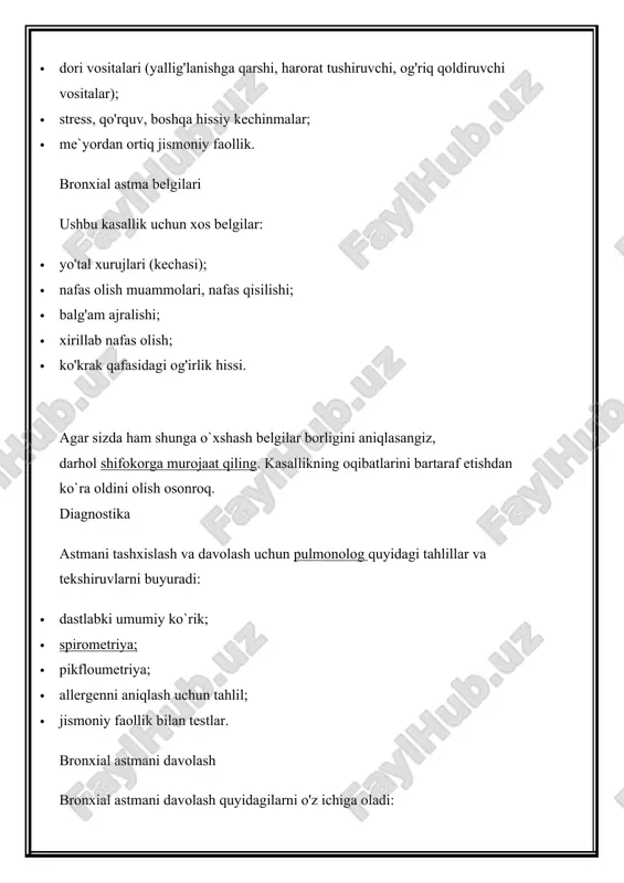 onolog quyidagi tahlillar va tekshiruvlarni buyuradi: · dastlabki umumiy ko`rik; · spirometriya; · pikfloumetriya; · allergenni aniqlash uchun tahlil; · jismoniy faollik bilan testlar. bronxial astmani davolash bronxial astmani davolash quyidagilarni o'z ichiga oladi: · kortikosteroid preparatlar; · ingalyatsiya; · bronxospazmolitik dorilar; · mukolitik preparatlar; · nafas olish uchun mashqlar; · immunitet tizimini mustahkamlash uchun terapiya. kerakli ma'lumot topmadingizmi? bizga telegramda yozing, biz sizga shifokor topib, qabuliga yozib beramiz xavfli jihatlari tez-tez astma xurujlari quyidagilarga sabab bo'lishi mumkin: · pnevmotoraks (plevra bo'shlig'ida havo to'planishi); · o'pkaning emfizematoz buzilishlari; · o'tkir turdagi nafas yetishmovchiligi. xavf guruhi xavf guruhiga quyidagilar kiradi:: · tez-tez o`rvi, bronxit va pnevmoniya bilan og'riydigan bemorlar; · adenoid va poliplari olib tashlangan bemorlar; · allergiyaga moyil kishilar; · eshakemi, neyrodermit . bilan og'rigan bemorlar. profilaktika bronxial astma rivojlanishining oldini olish uchun shifokorlarning tavsiyalari: · kamharakat turmush tarzini olib bormang, ko'proq vaqtingizni uydan tashqarida, toza havoda o'tkazing; · allergiya …